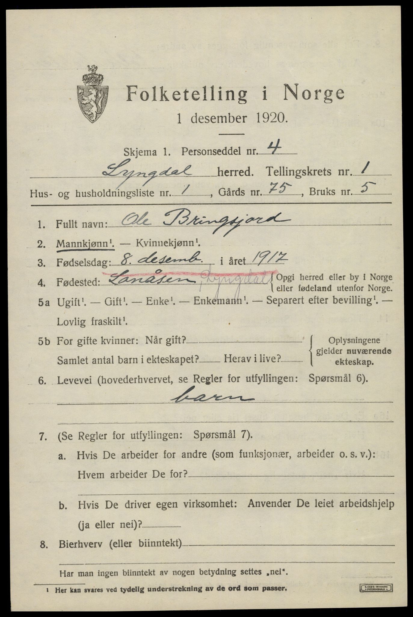SAK, 1920 census for Lyngdal, 1920, p. 1329