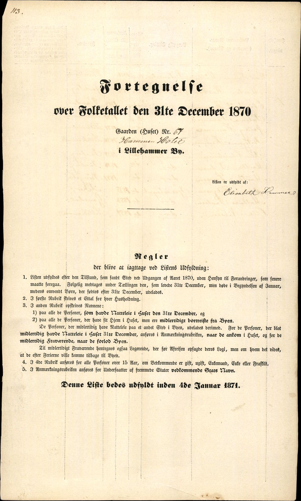 RA, 1870 census for 0501 Lillehammer, 1870, p. 113