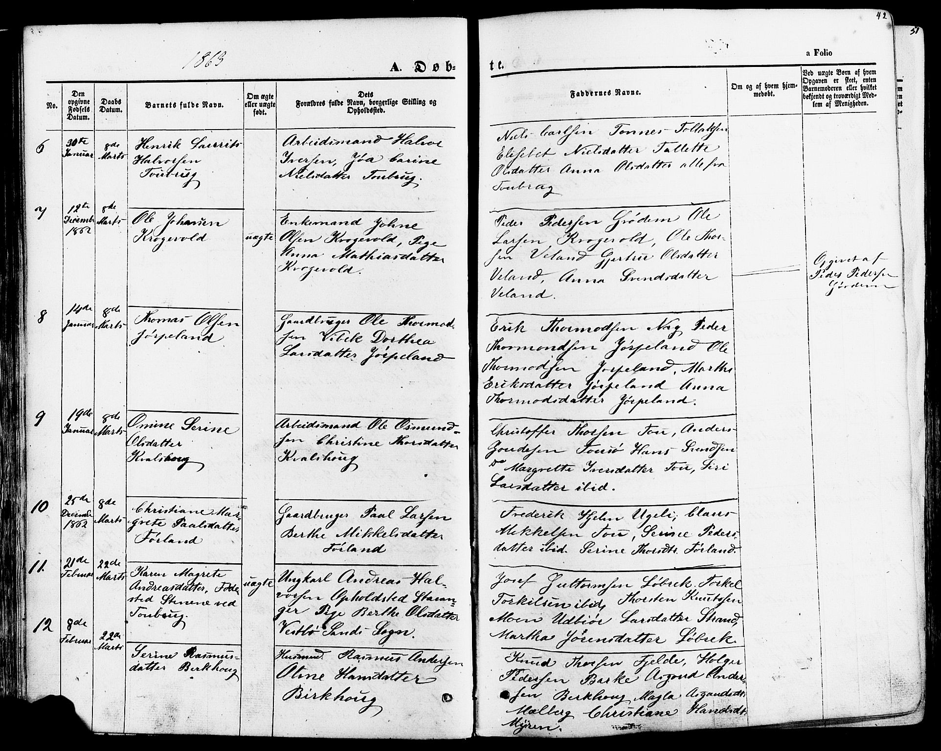 Strand sokneprestkontor, AV/SAST-A-101828/H/Ha/Haa/L0007: Parish register (official) no. A 7, 1855-1881, p. 42