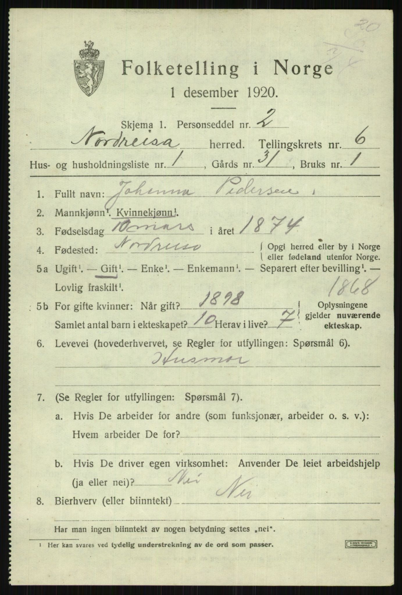 SATØ, 1920 census for Nordreisa, 1920, p. 2705