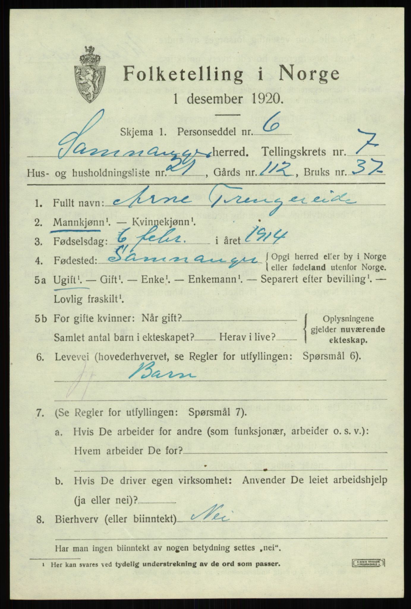 SAB, 1920 census for Samnanger, 1920, p. 3417