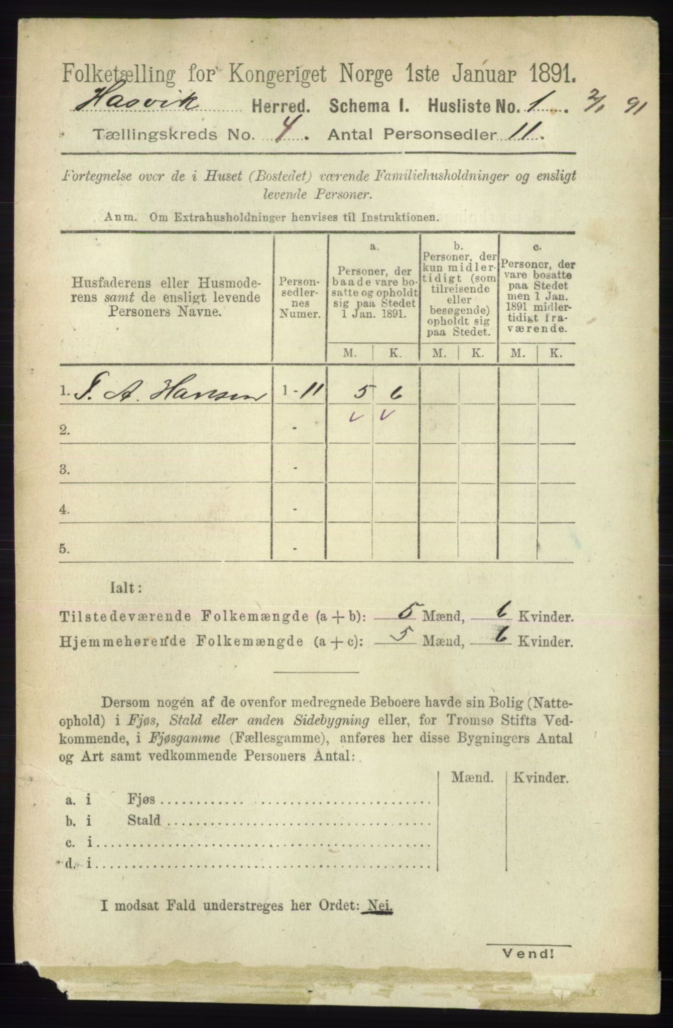 RA, 1891 census for 2015 Hasvik, 1891, p. 466