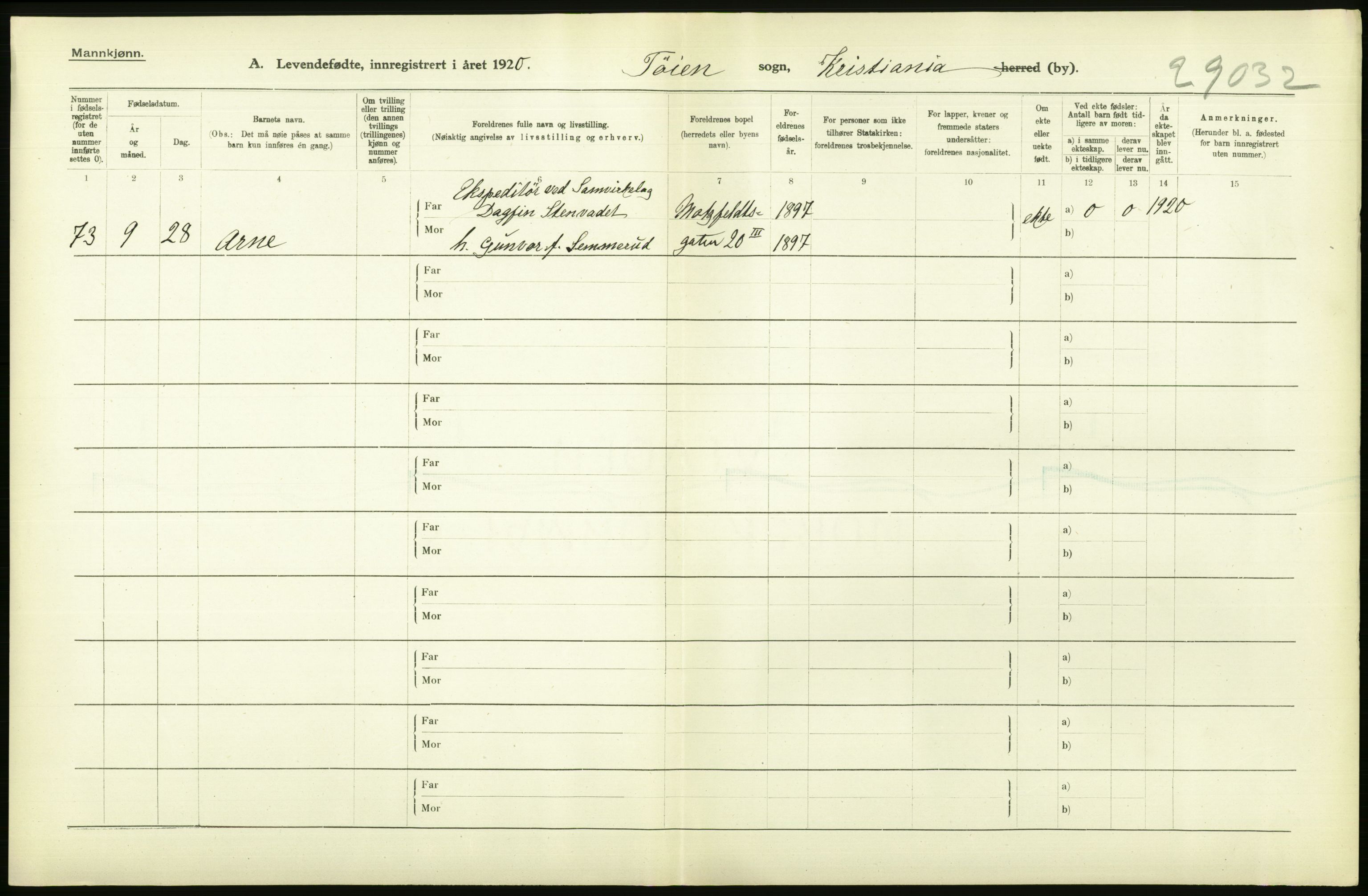 Statistisk sentralbyrå, Sosiodemografiske emner, Befolkning, RA/S-2228/D/Df/Dfb/Dfbj/L0009: Kristiania: Levendefødte menn og kvinner., 1920, p. 26