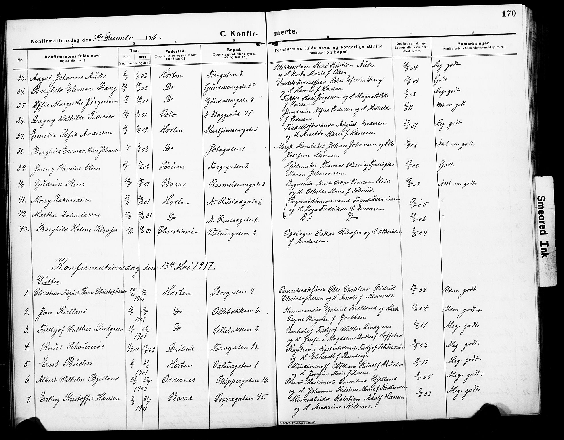 Horten kirkebøker, AV/SAKO-A-348/G/Ga/L0008: Parish register (copy) no. 8, 1916-1926, p. 170