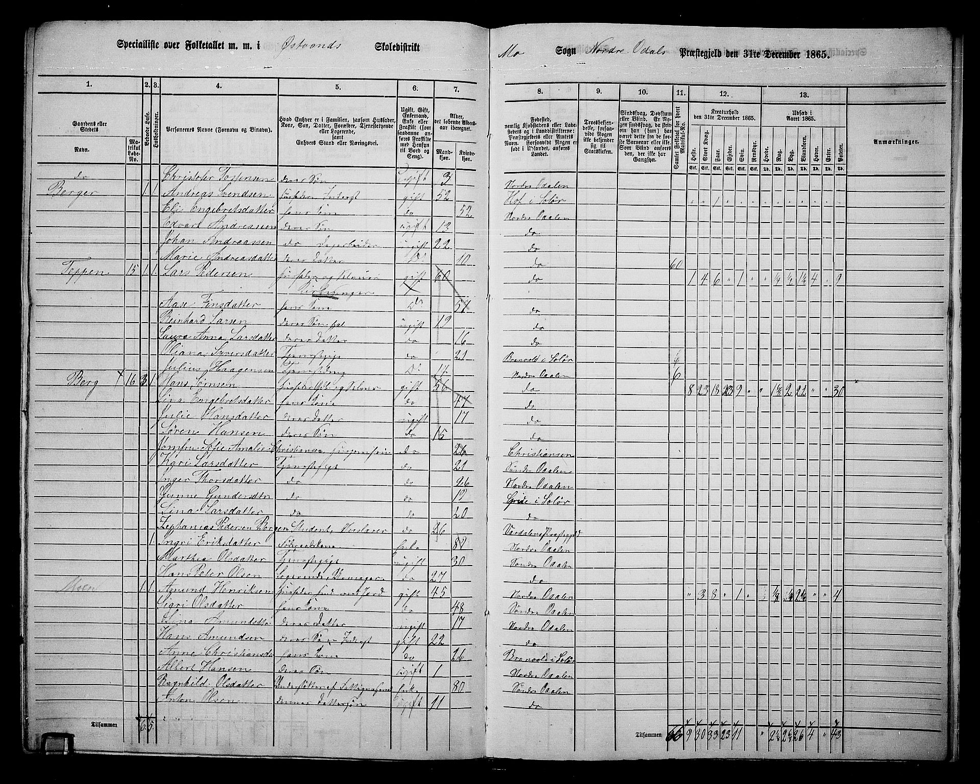 RA, 1865 census for Nord-Odal, 1865, p. 167