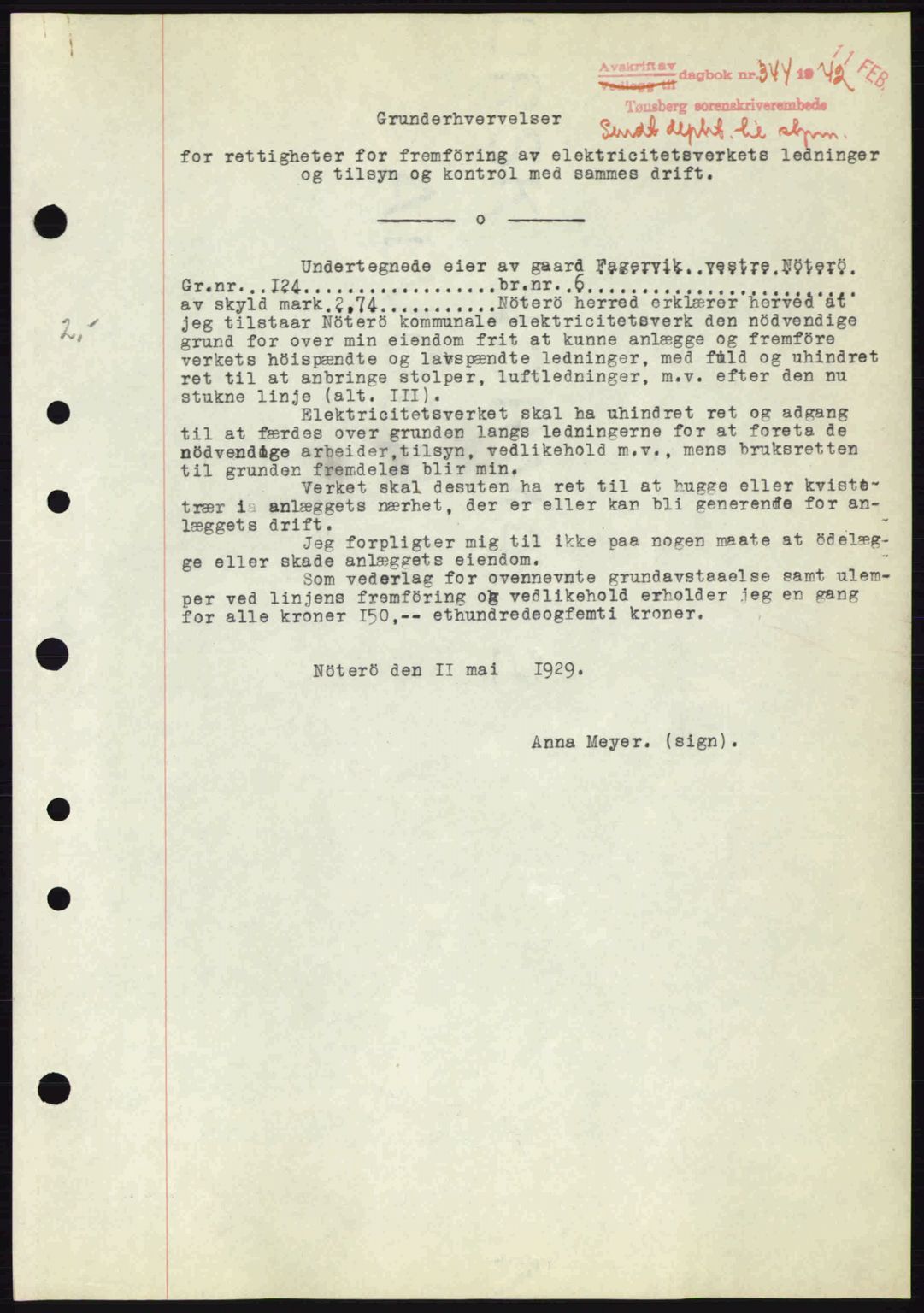 Tønsberg sorenskriveri, AV/SAKO-A-130/G/Ga/Gaa/L0011: Mortgage book no. A11, 1941-1942, Diary no: : 344/1942