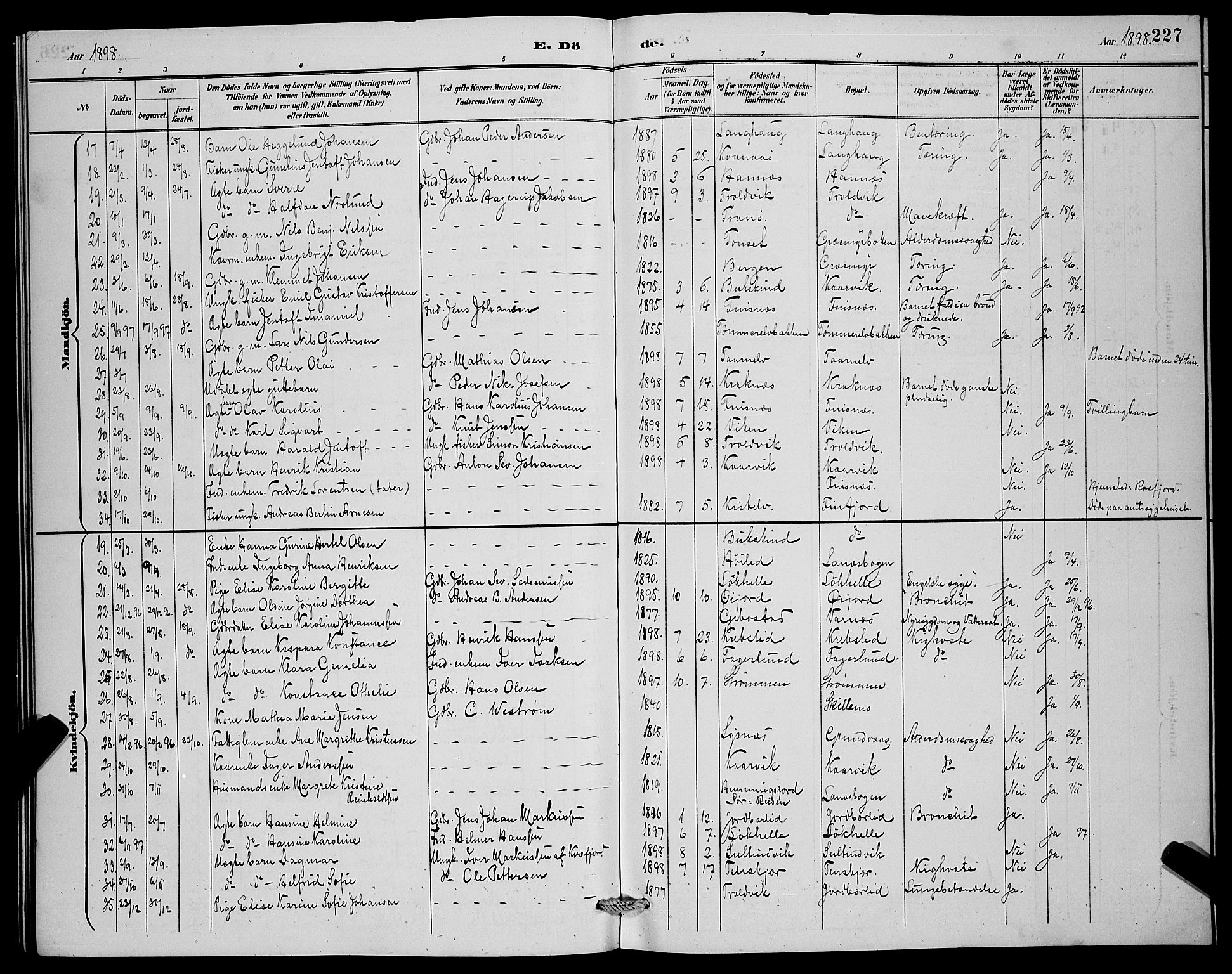 Lenvik sokneprestembete, AV/SATØ-S-1310/H/Ha/Hab/L0007klokker: Parish register (copy) no. 7, 1890-1898, p. 227