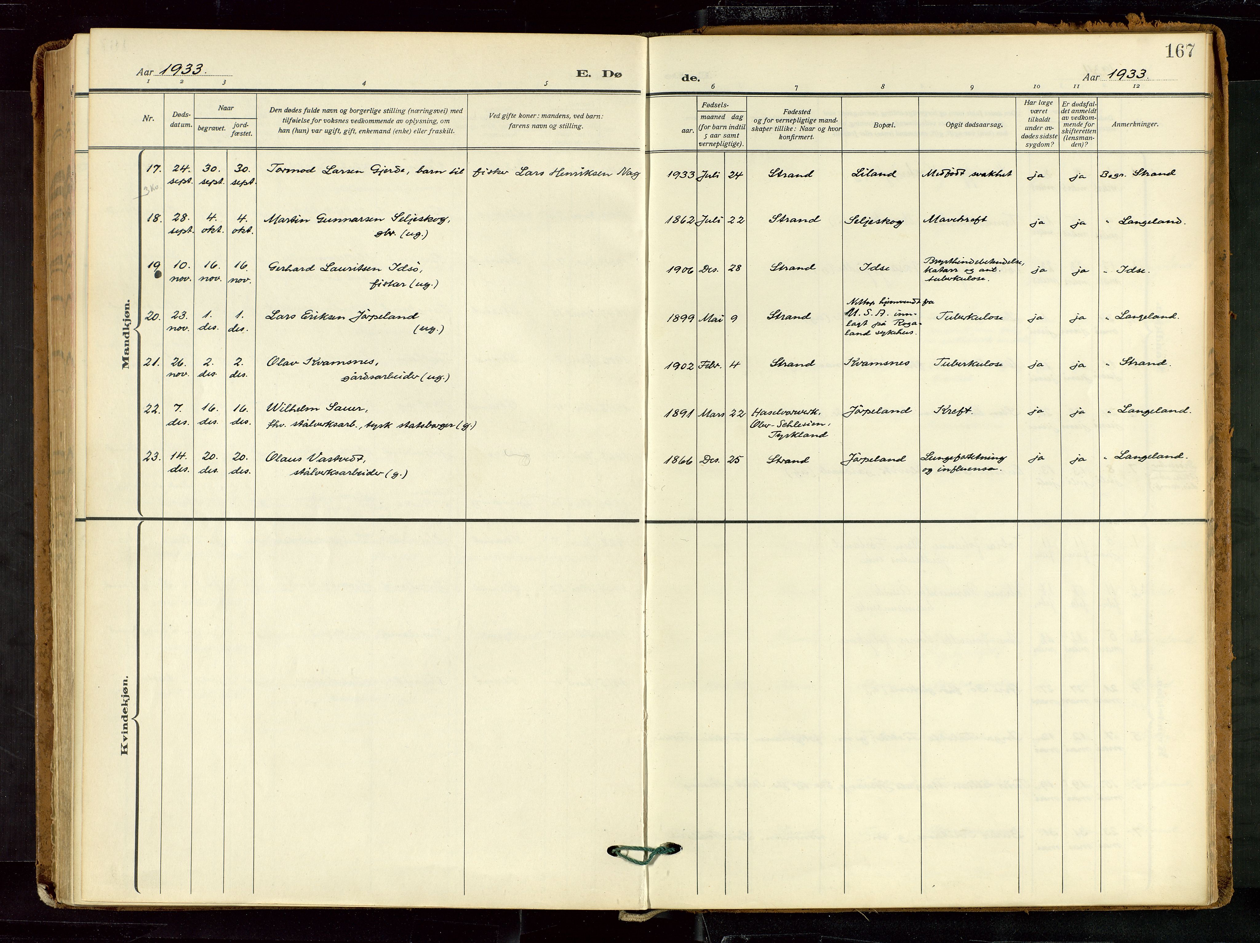 Strand sokneprestkontor, AV/SAST-A-101828/H/Ha/Haa/L0012: Parish register (official) no. A 12, 1927-1946, p. 167