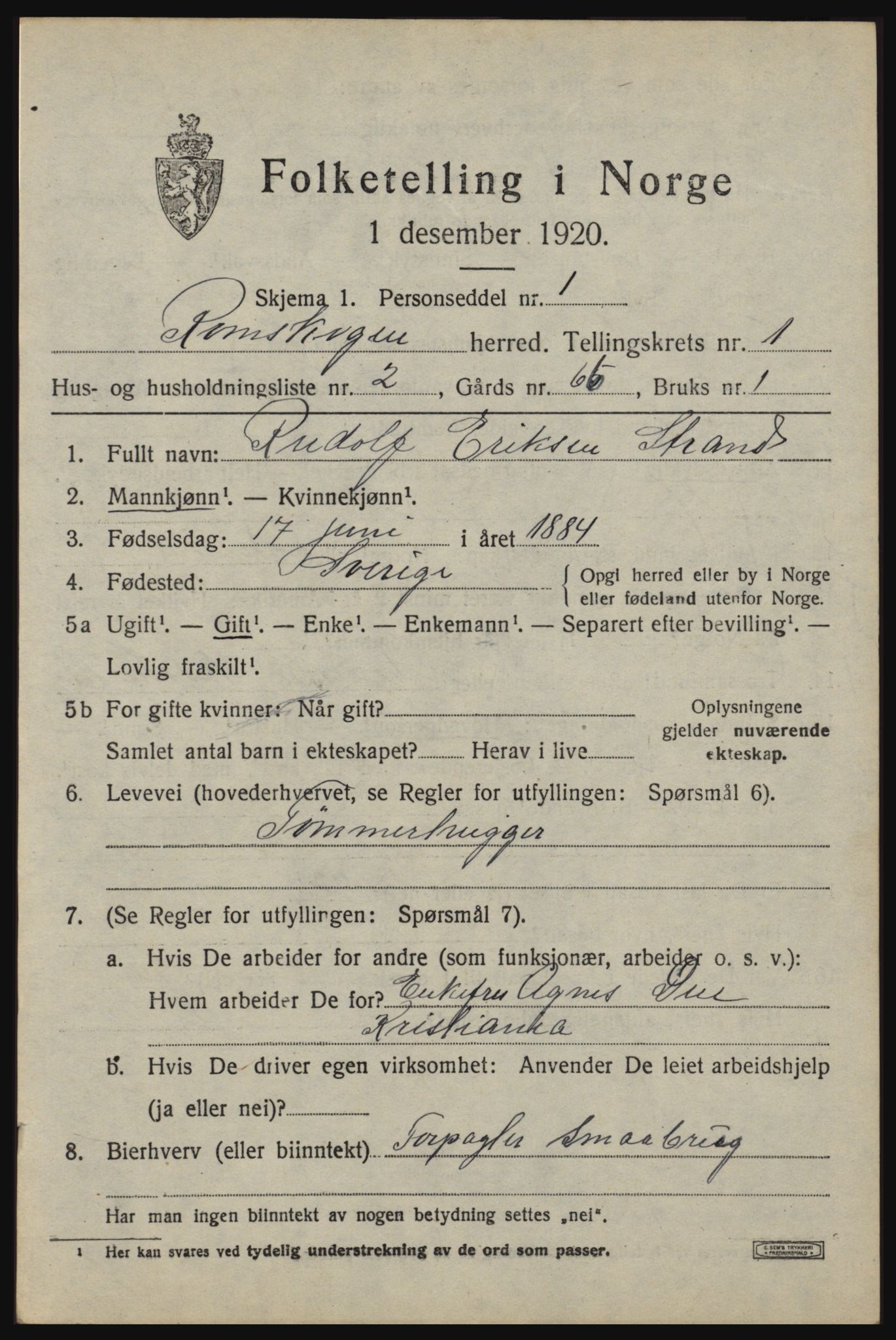 SAO, 1920 census for Rømskog, 1920, p. 232