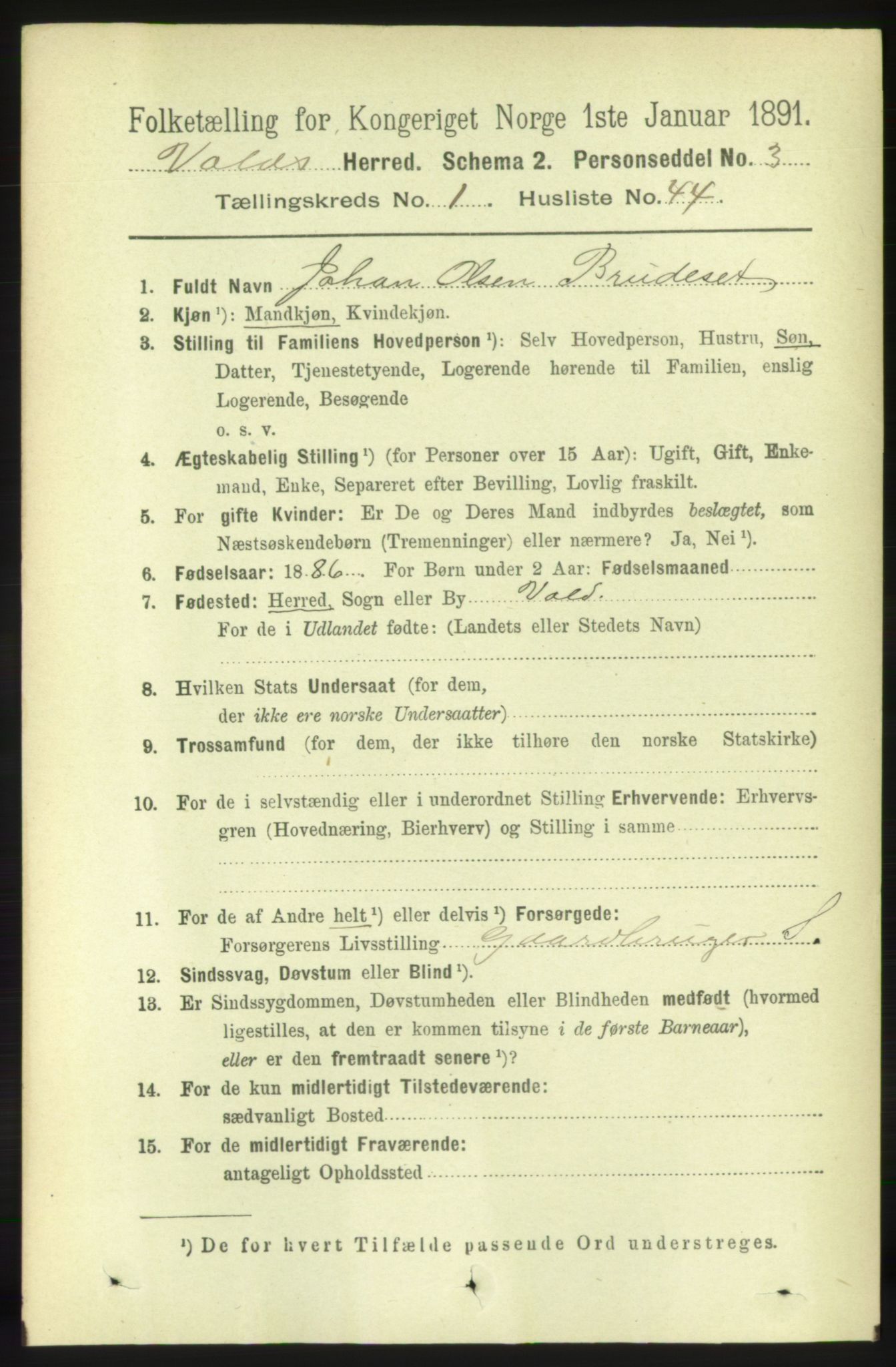RA, 1891 census for 1537 Voll, 1891, p. 365