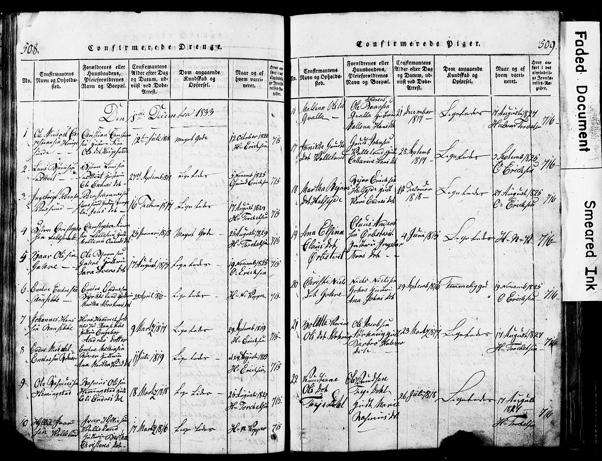 Torvastad sokneprestkontor, AV/SAST-A -101857/H/Ha/Hab/L0002: Parish register (copy) no. B 2, 1817-1834, p. 508-509