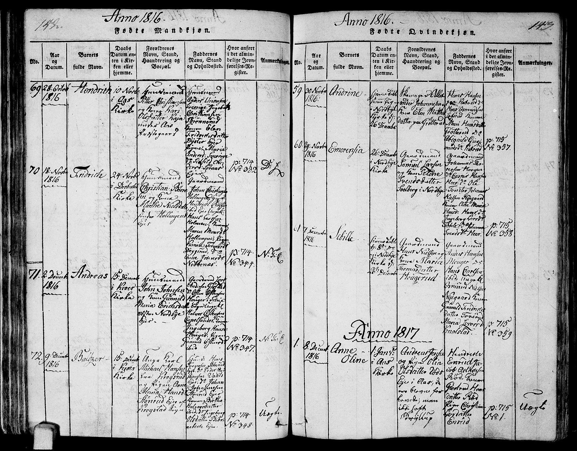 Ås prestekontor Kirkebøker, AV/SAO-A-10894/F/Fa/L0003: Parish register (official) no. I 3, 1814-1818, p. 142-143