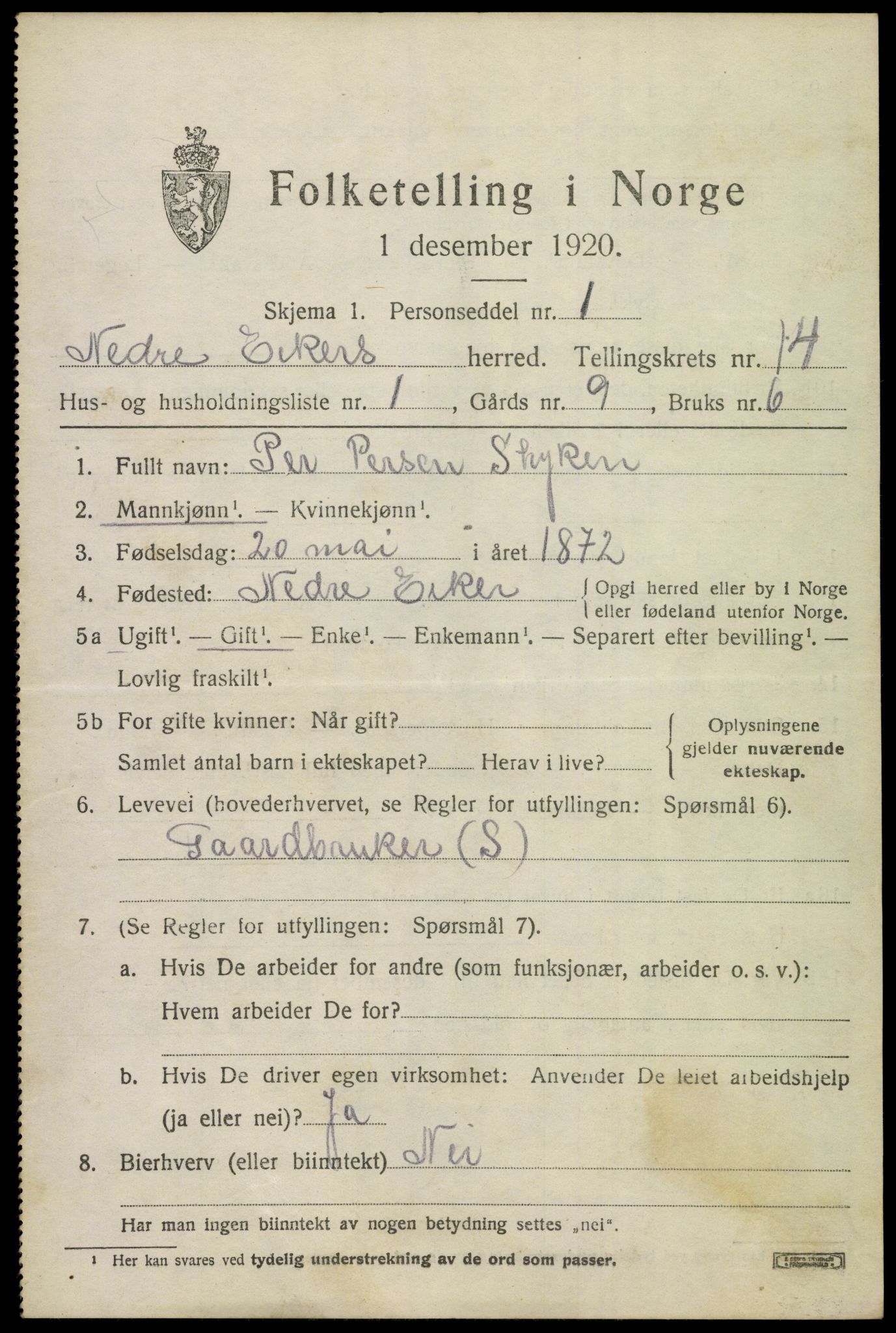 SAKO, 1920 census for Nedre Eiker, 1920, p. 15481