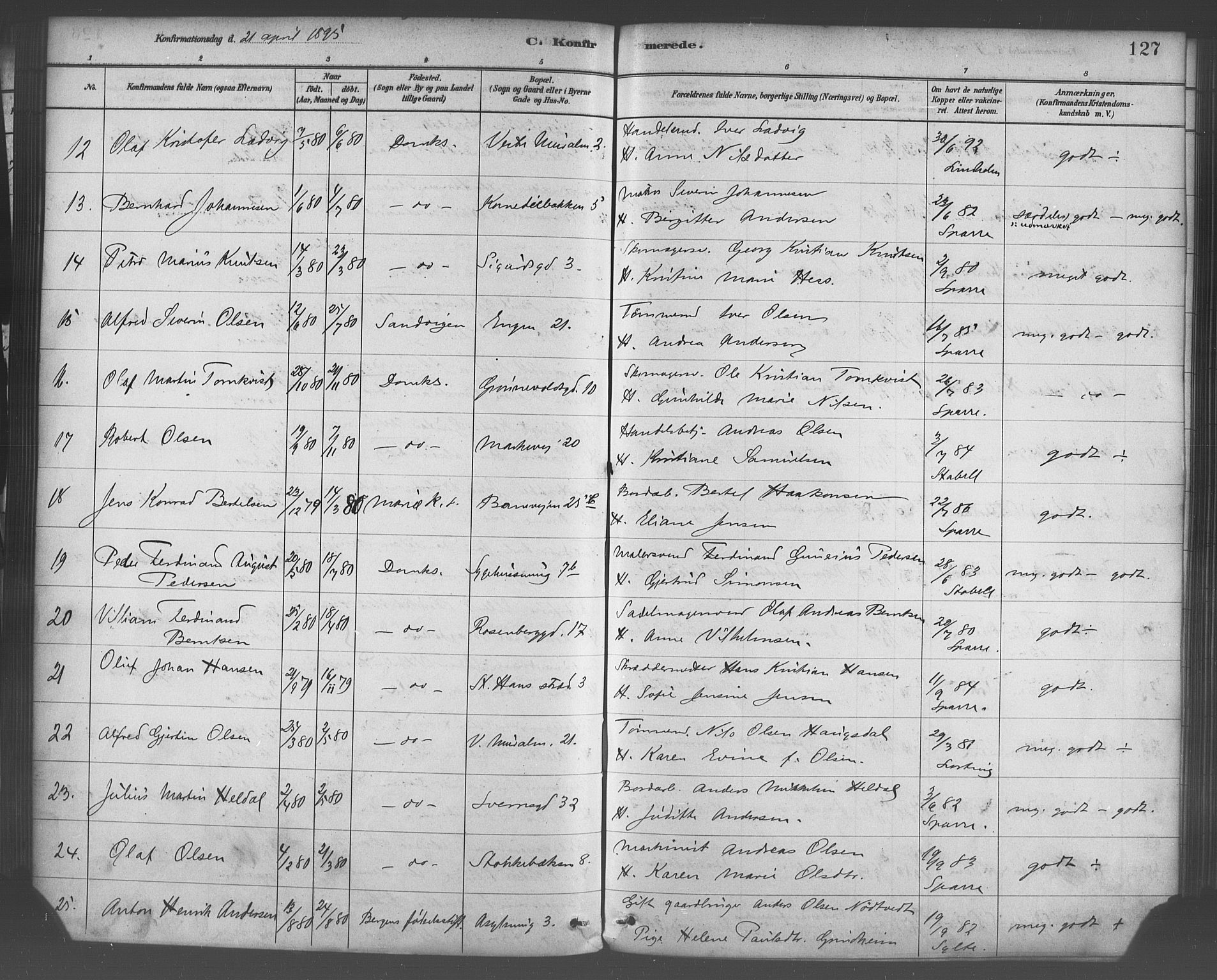 Domkirken sokneprestembete, SAB/A-74801/H/Haa/L0030: Parish register (official) no. C 5, 1880-1898, p. 127
