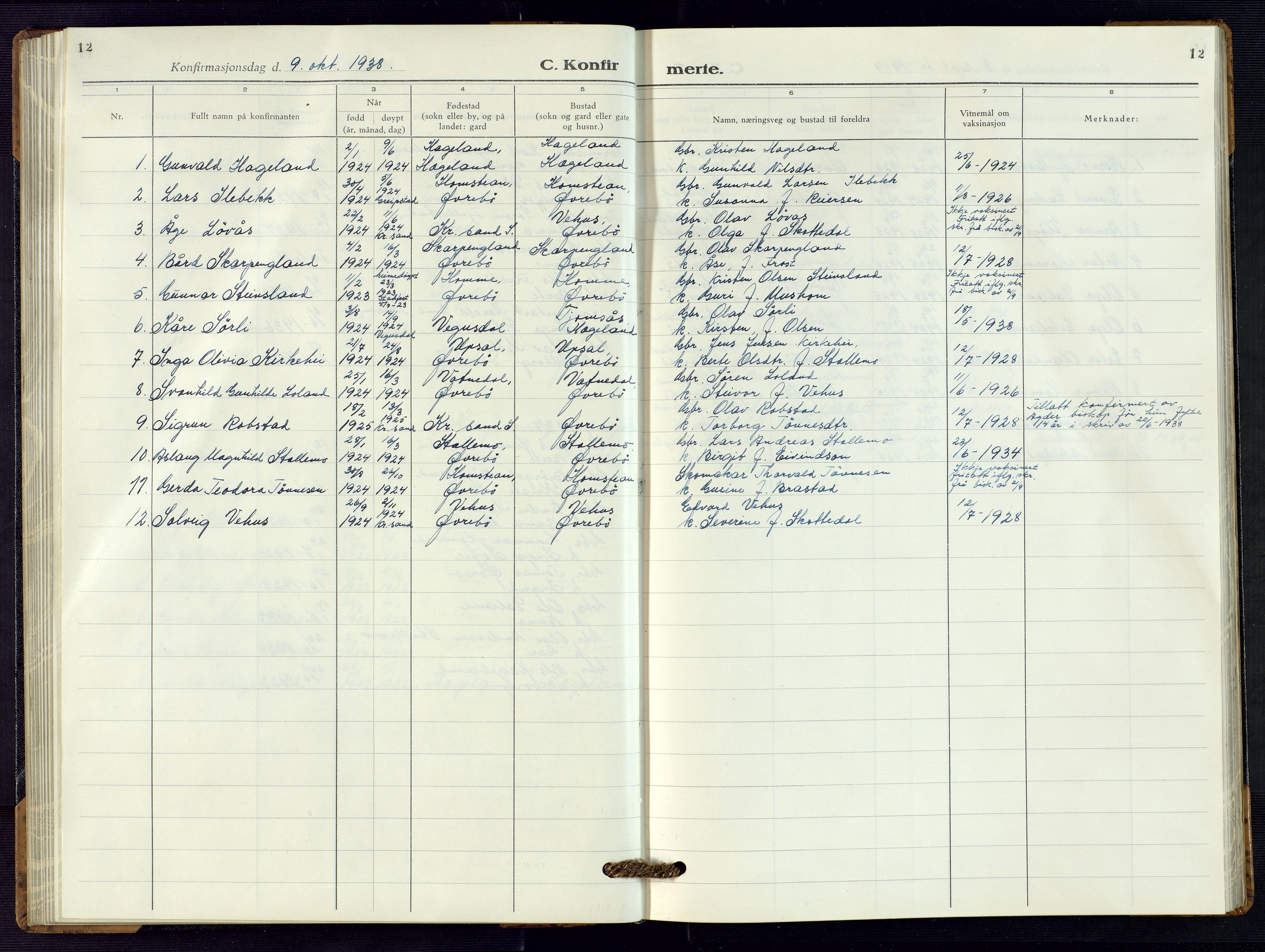 Vennesla sokneprestkontor, AV/SAK-1111-0045/Fb/Fbc/L0004: Parish register (copy) no. B 4, 1921-1972, p. 12