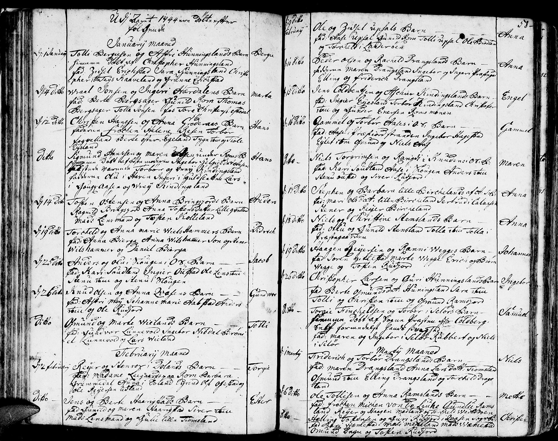 Lyngdal sokneprestkontor, AV/SAK-1111-0029/F/Fa/Fac/L0001: Parish register (official) no. A 1, 1727-1779, p. 58