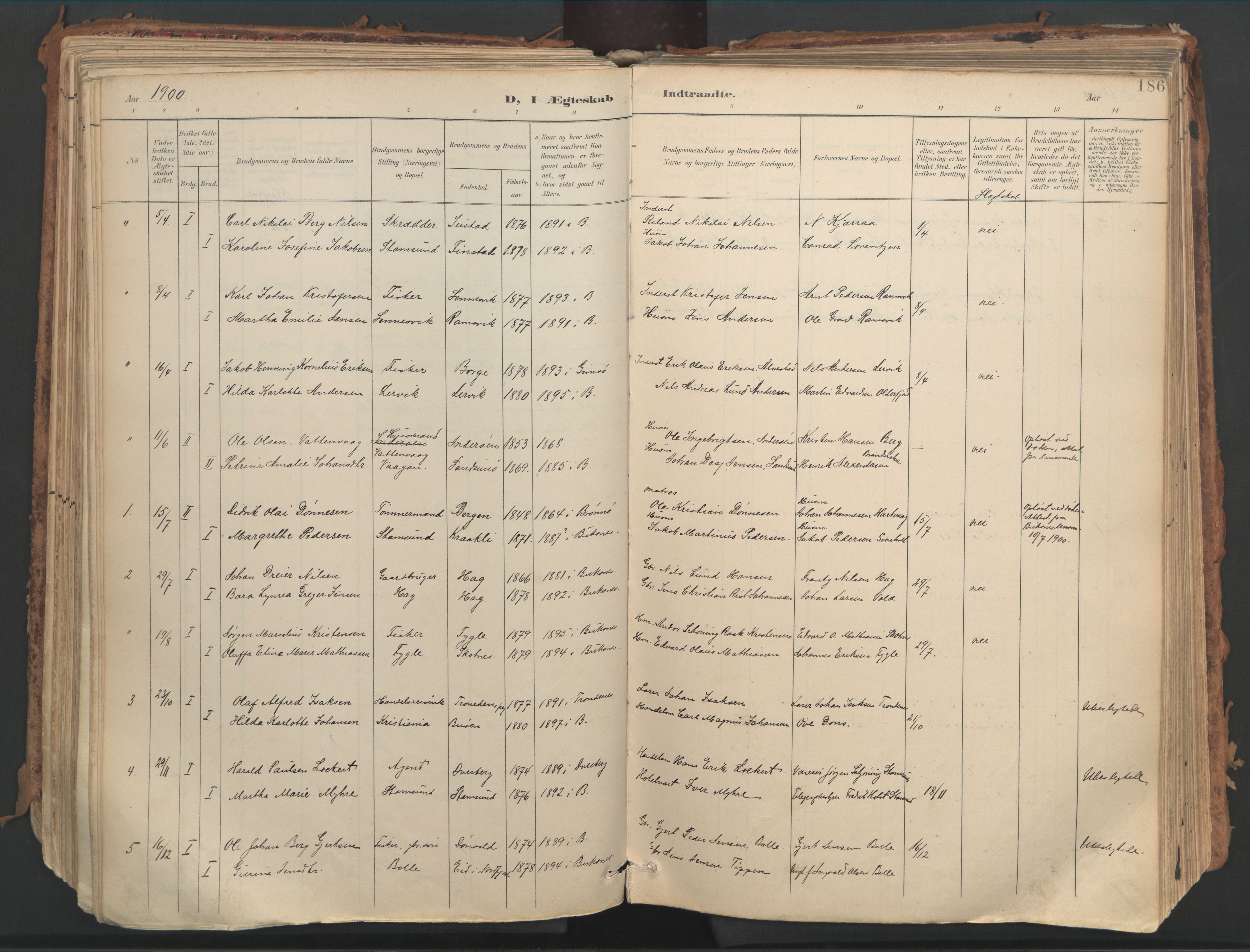 Ministerialprotokoller, klokkerbøker og fødselsregistre - Nordland, AV/SAT-A-1459/882/L1180: Parish register (official) no. 882A02, 1897-1913, p. 186