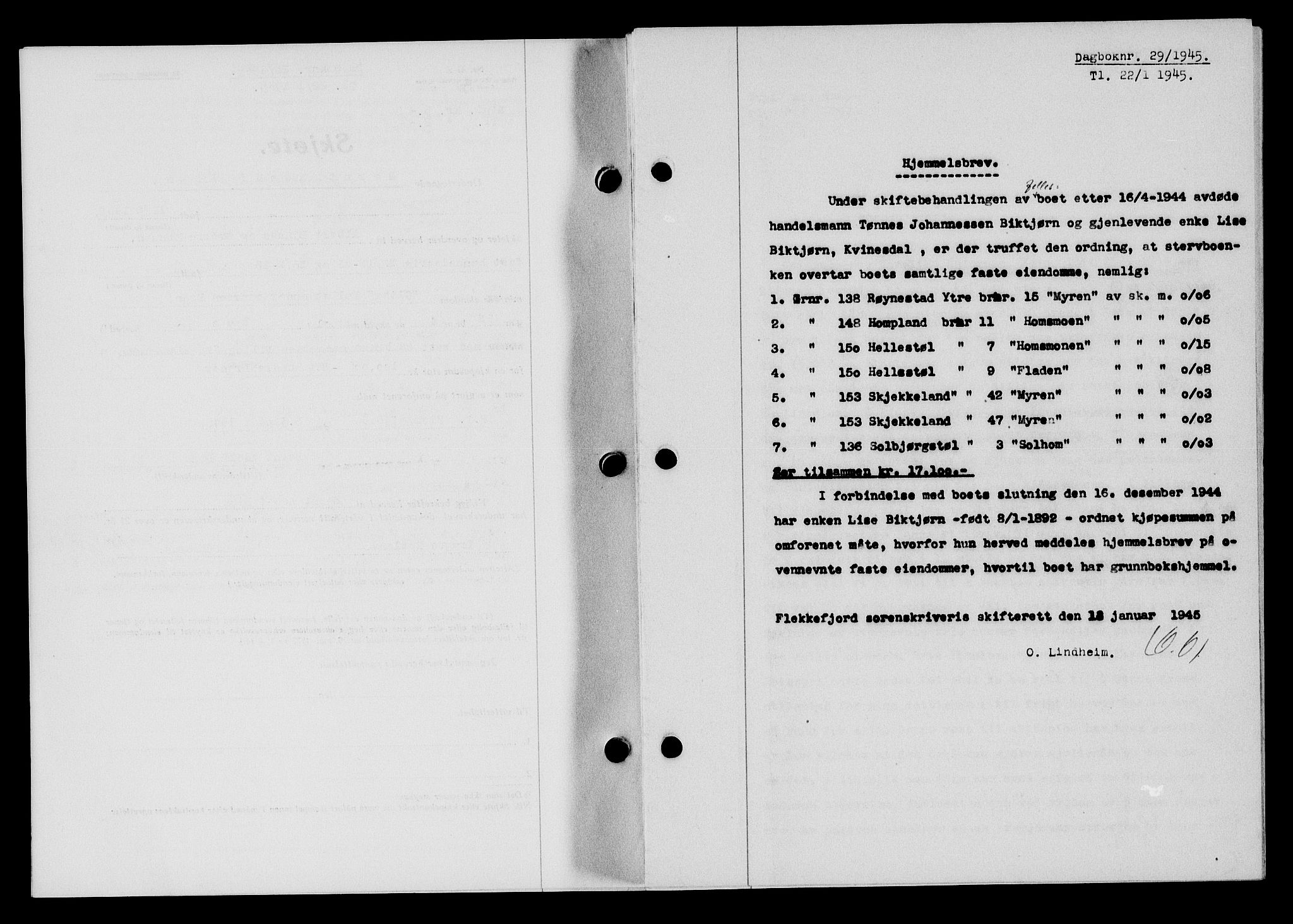 Flekkefjord sorenskriveri, SAK/1221-0001/G/Gb/Gba/L0059: Mortgage book no. A-7, 1944-1945, Diary no: : 29/1945