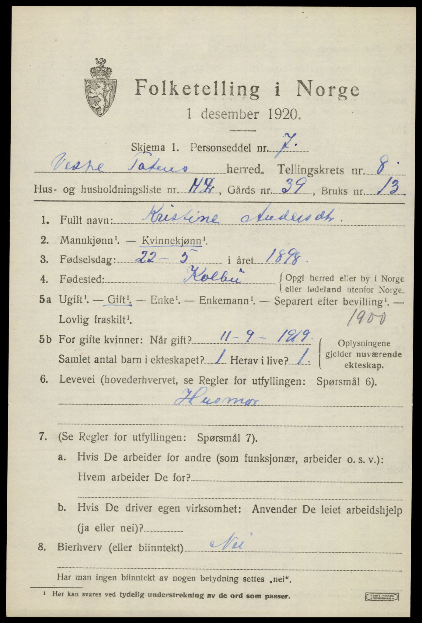 SAH, 1920 census for Vestre Toten, 1920, p. 11136