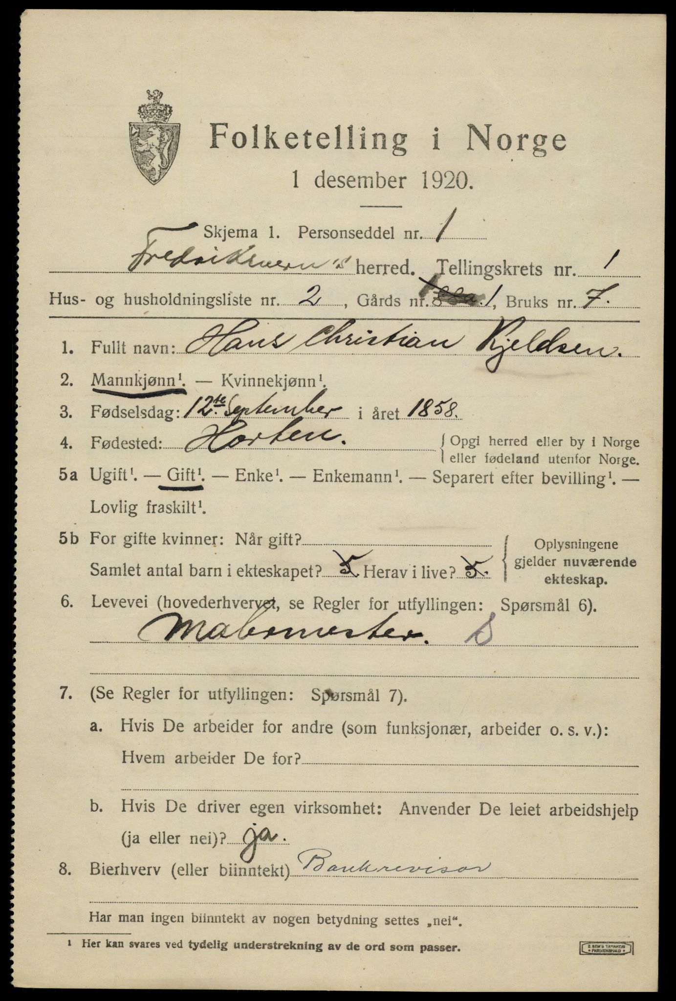 SAKO, 1920 census for Fredriksvern, 1920, p. 393