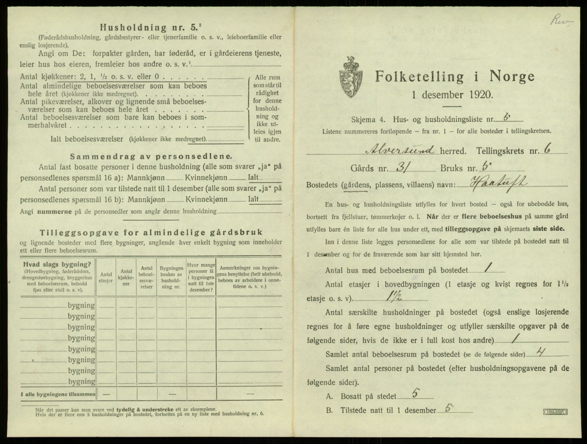 SAB, 1920 census for Alversund, 1920, p. 525