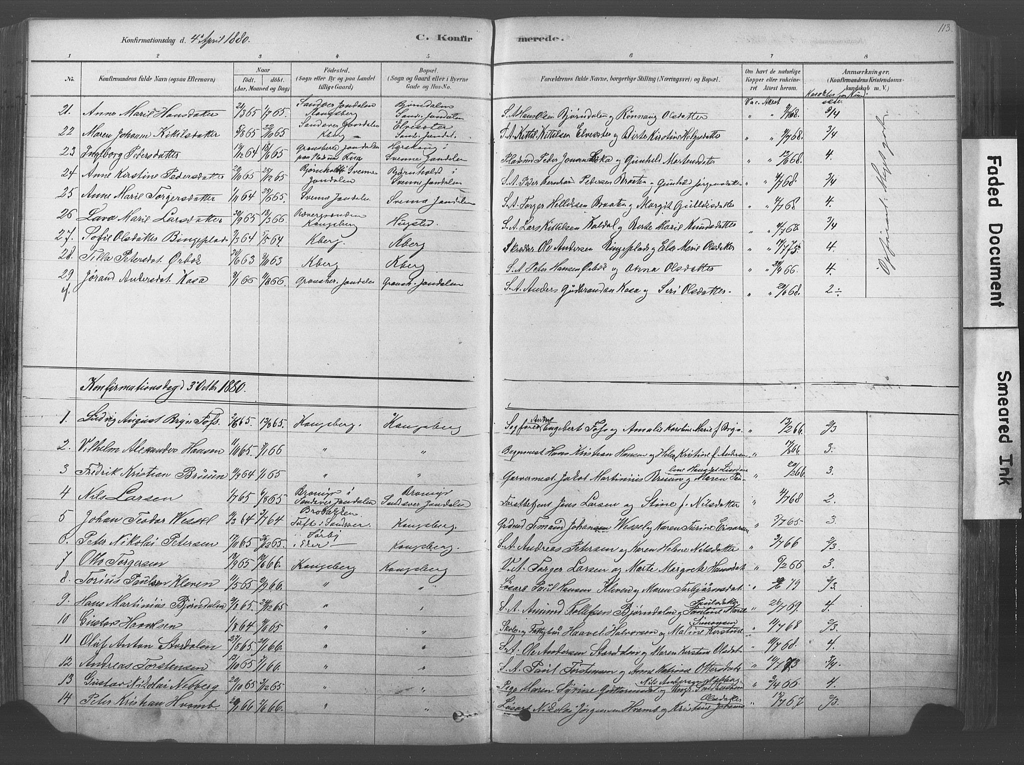 Kongsberg kirkebøker, AV/SAKO-A-22/F/Fb/L0001: Parish register (official) no. II 1, 1878-1886, p. 113