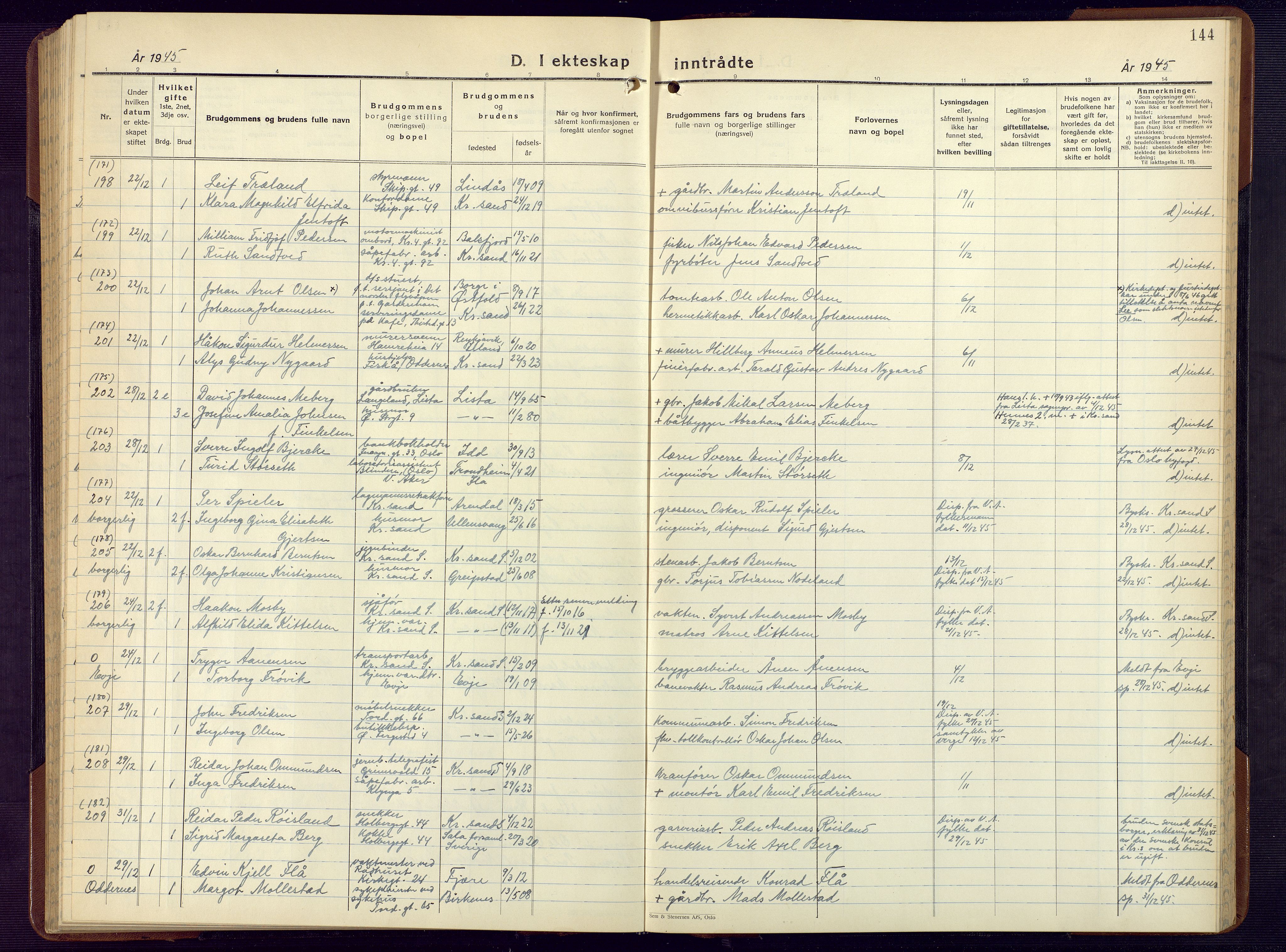 Kristiansand domprosti, SAK/1112-0006/F/Fb/L0029: Parish register (copy) no. B 29, 1937-1945, p. 144