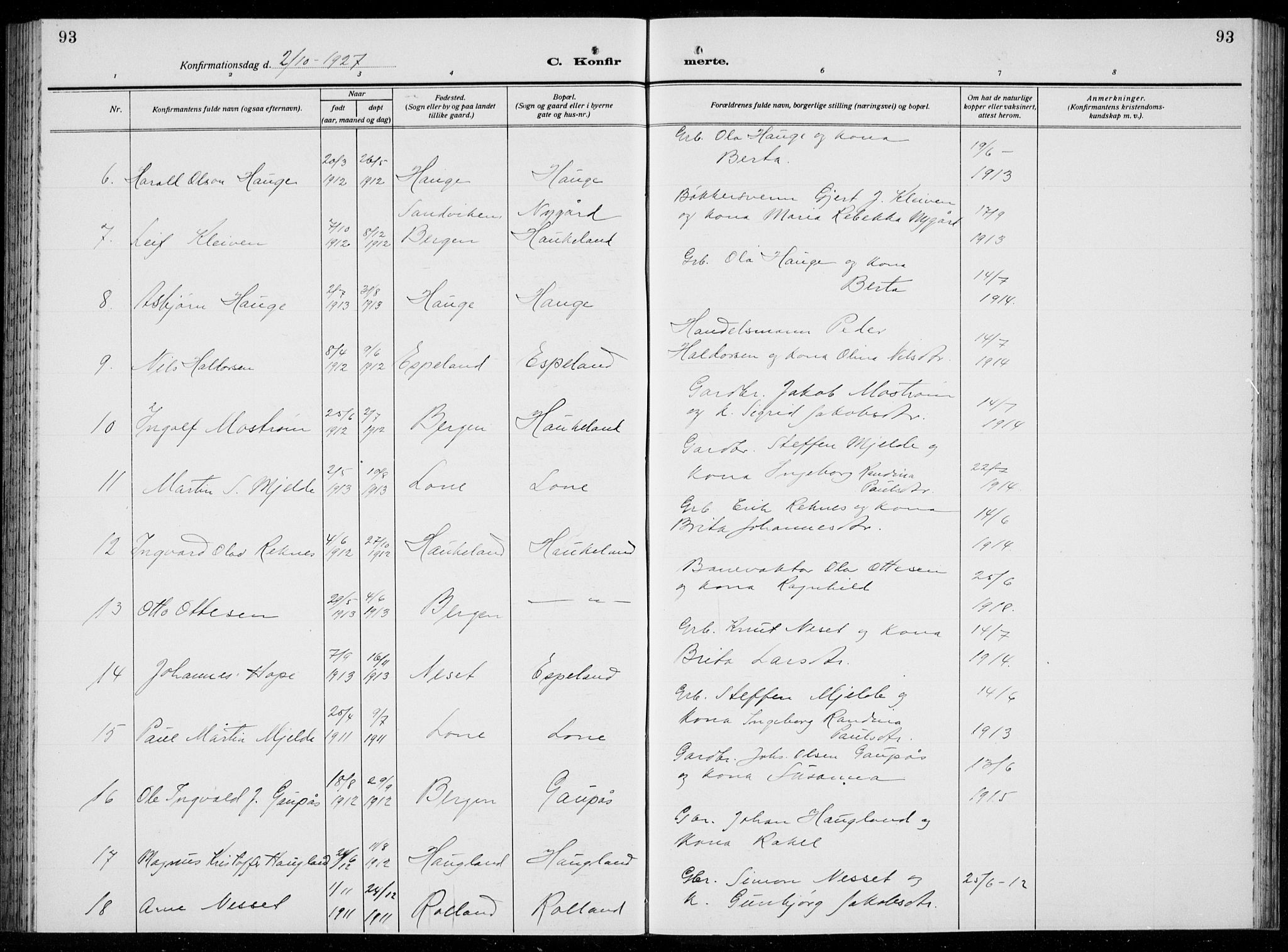 Arna Sokneprestembete, AV/SAB-A-74001/H/Ha/Hab: Parish register (copy) no. A  6, 1922-1936, p. 93