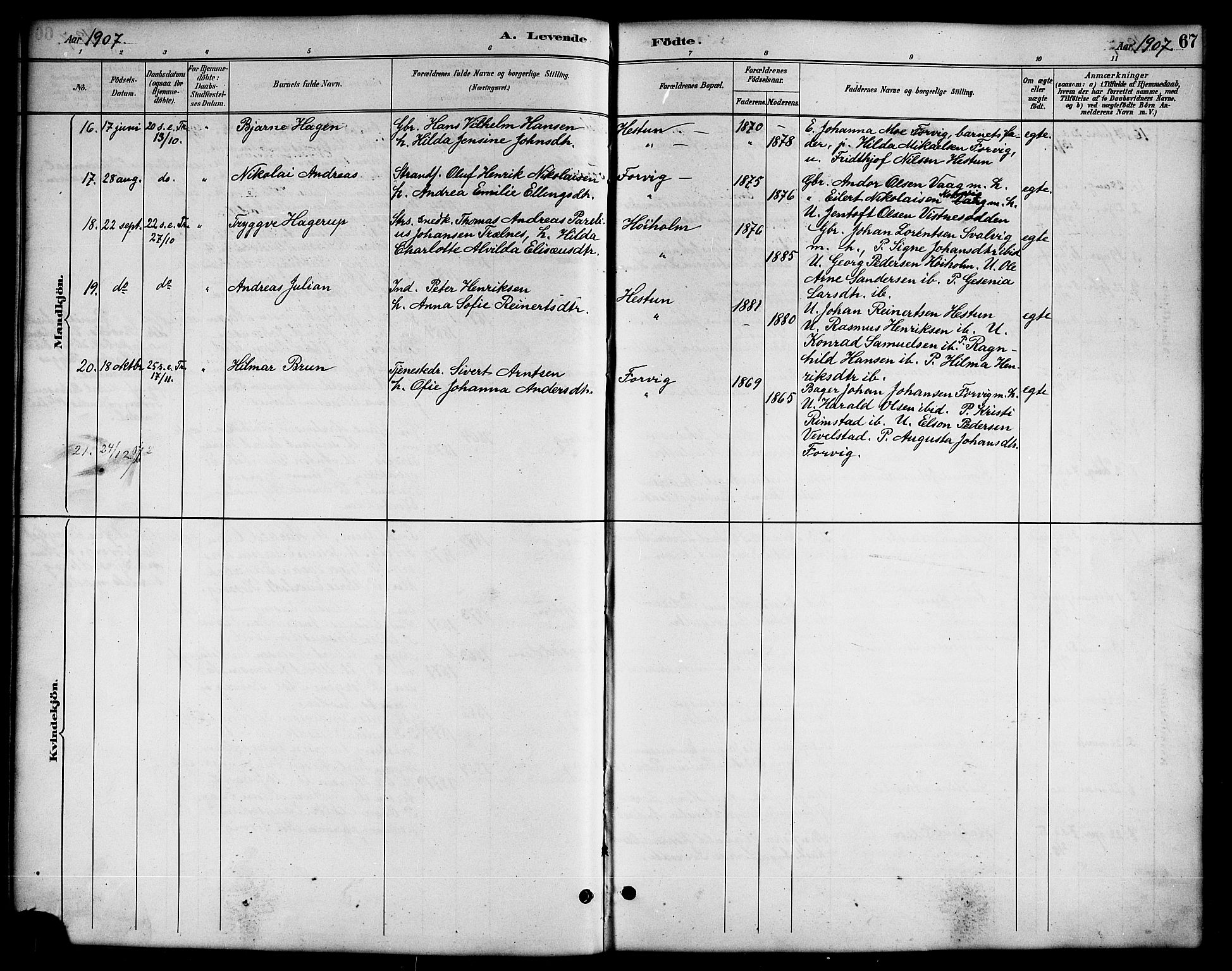 Ministerialprotokoller, klokkerbøker og fødselsregistre - Nordland, AV/SAT-A-1459/819/L0277: Parish register (copy) no. 819C03, 1888-1917, p. 67