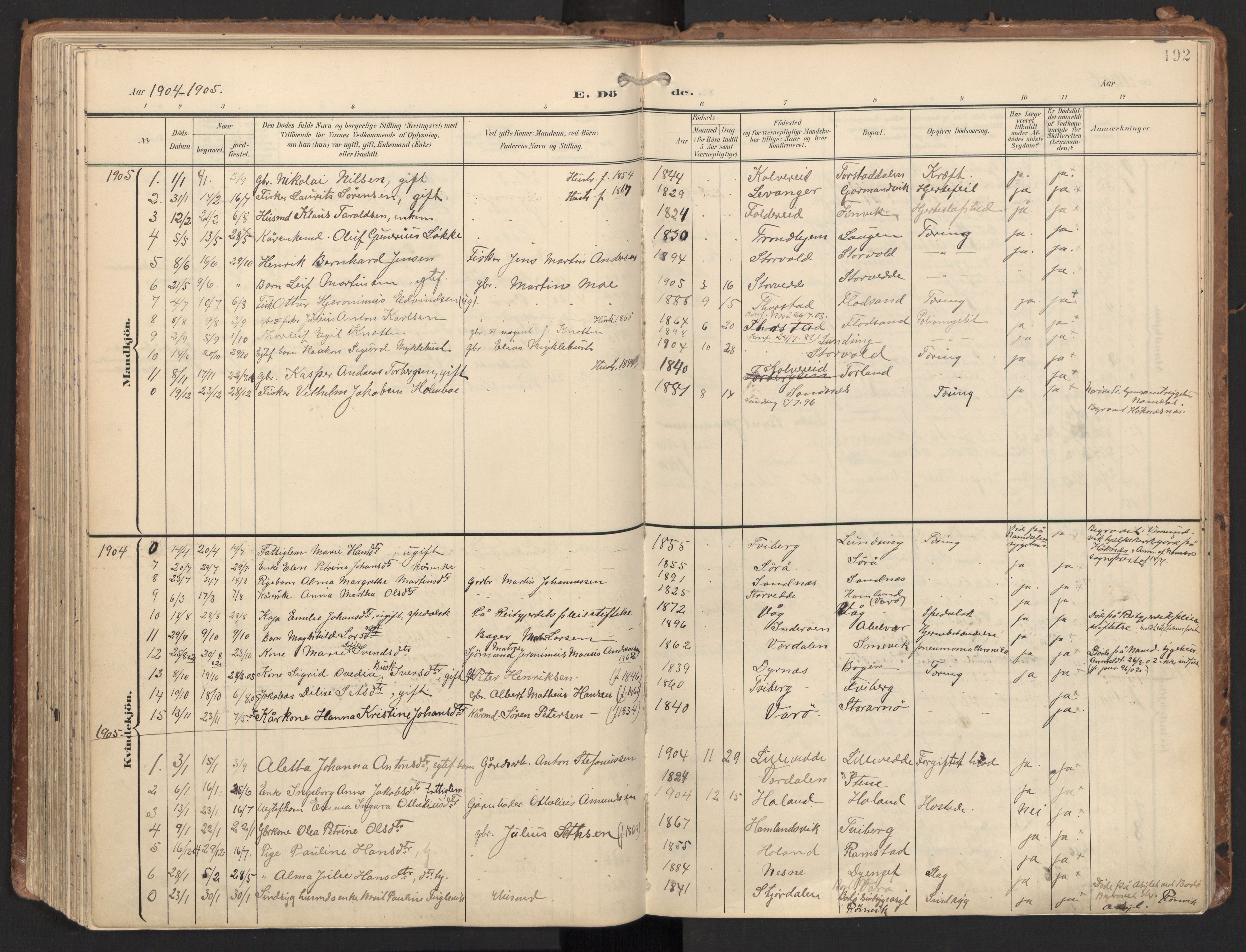 Ministerialprotokoller, klokkerbøker og fødselsregistre - Nord-Trøndelag, AV/SAT-A-1458/784/L0677: Parish register (official) no. 784A12, 1900-1920, p. 192