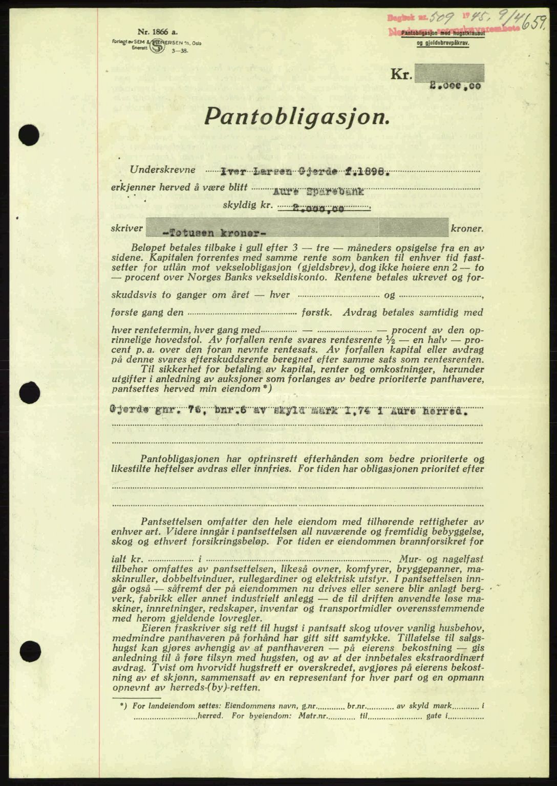 Nordmøre sorenskriveri, AV/SAT-A-4132/1/2/2Ca: Mortgage book no. B92, 1944-1945, Diary no: : 509/1945