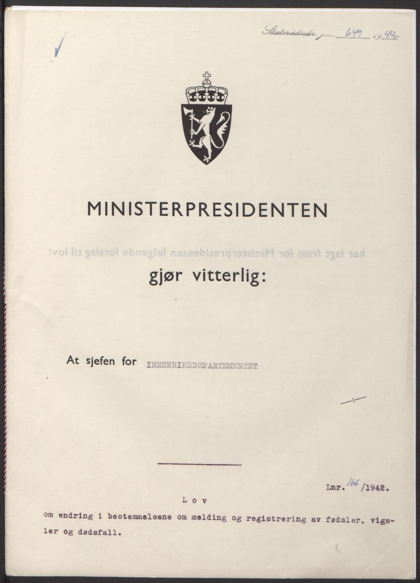 NS-administrasjonen 1940-1945 (Statsrådsekretariatet, de kommisariske statsråder mm), RA/S-4279/D/Db/L0098: Lover II, 1942, p. 252