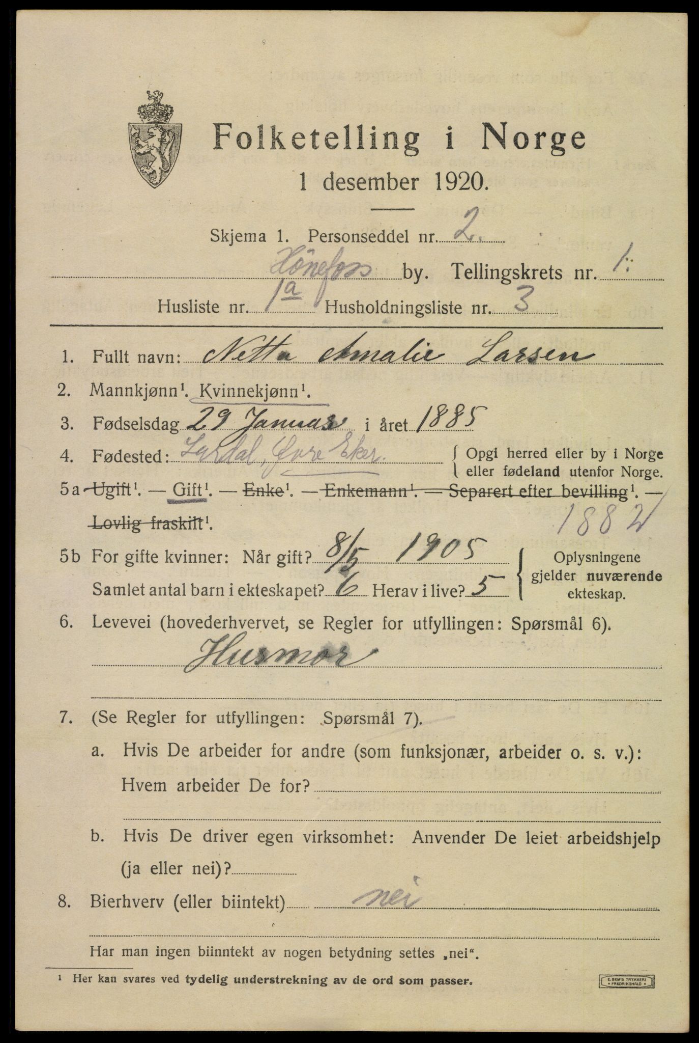 SAKO, 1920 census for Hønefoss, 1920, p. 2276