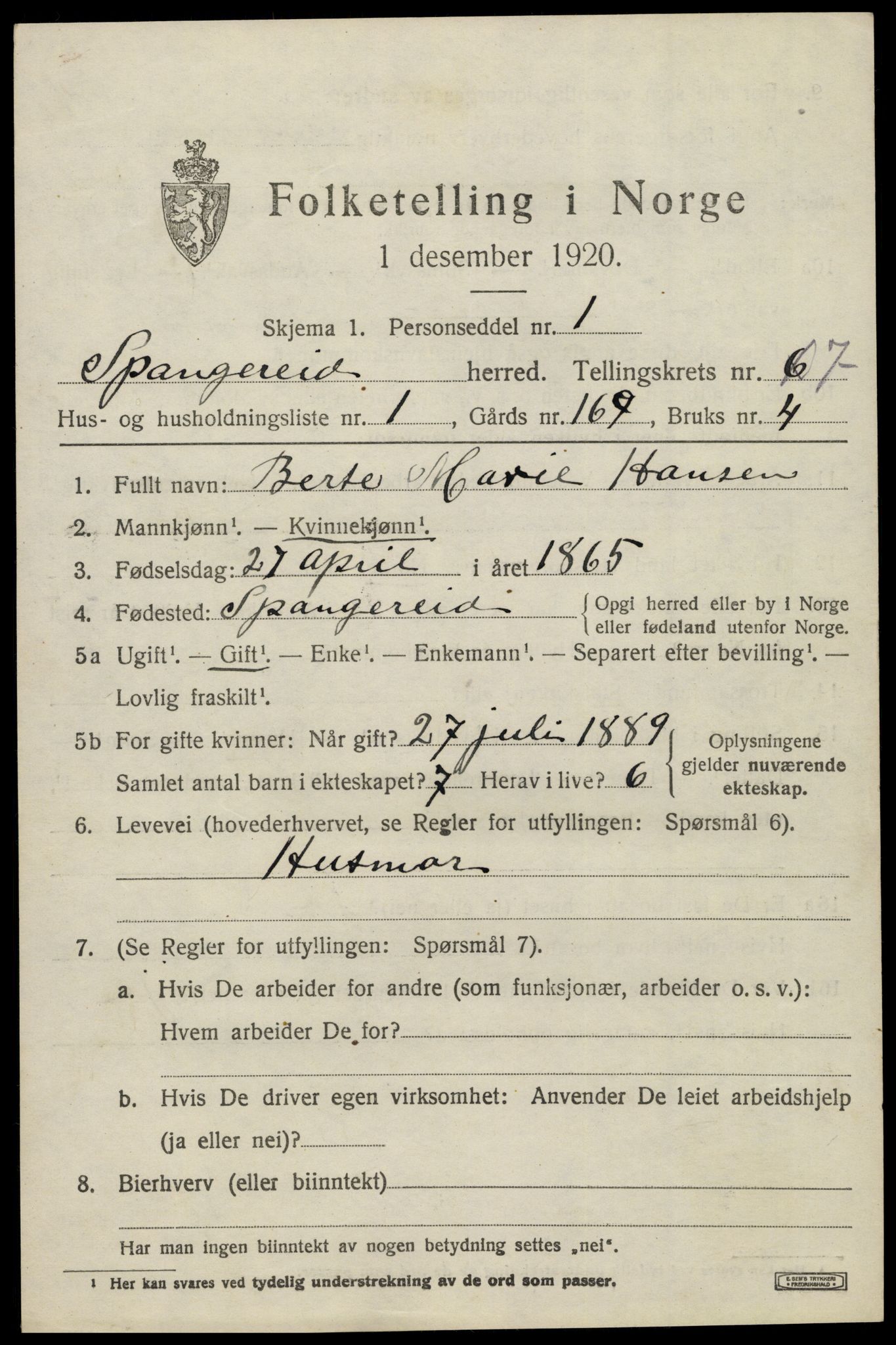 SAK, 1920 census for Spangereid, 1920, p. 2563