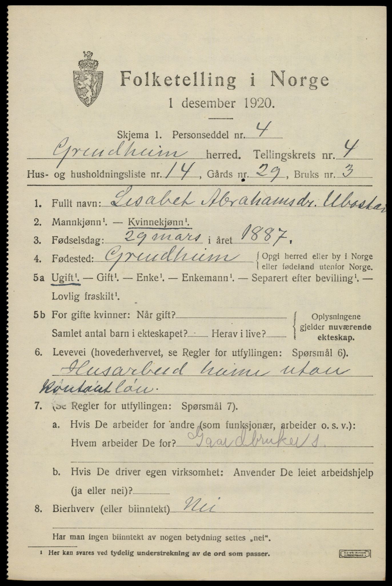 SAK, 1920 census for Grindheim, 1920, p. 1597