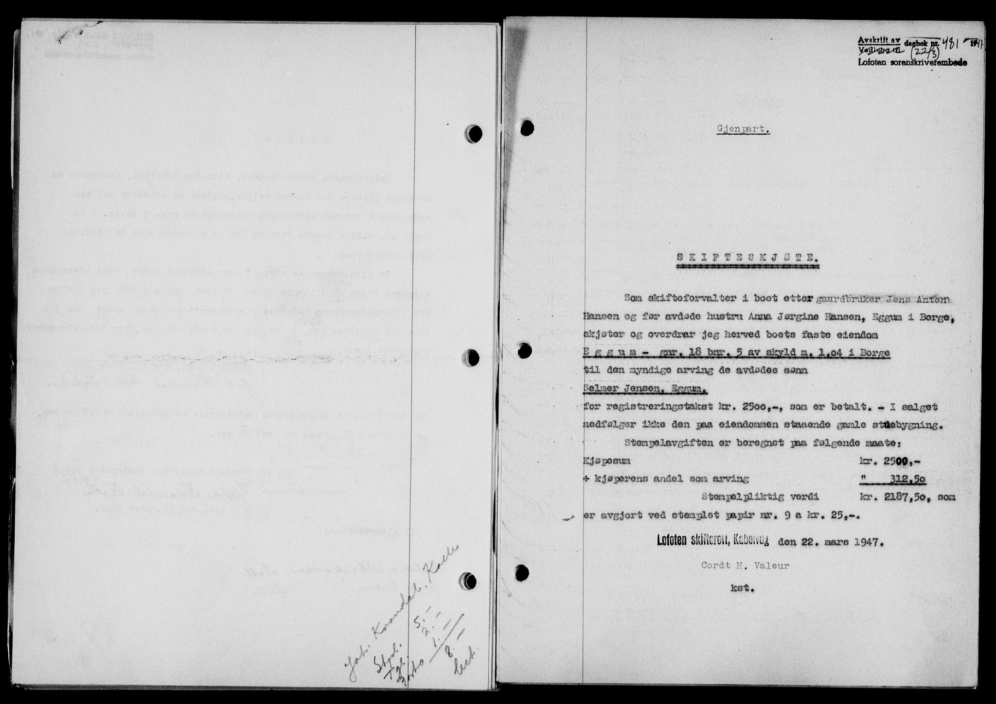 Lofoten sorenskriveri, SAT/A-0017/1/2/2C/L0015a: Mortgage book no. 15a, 1946-1947, Diary no: : 481/1947