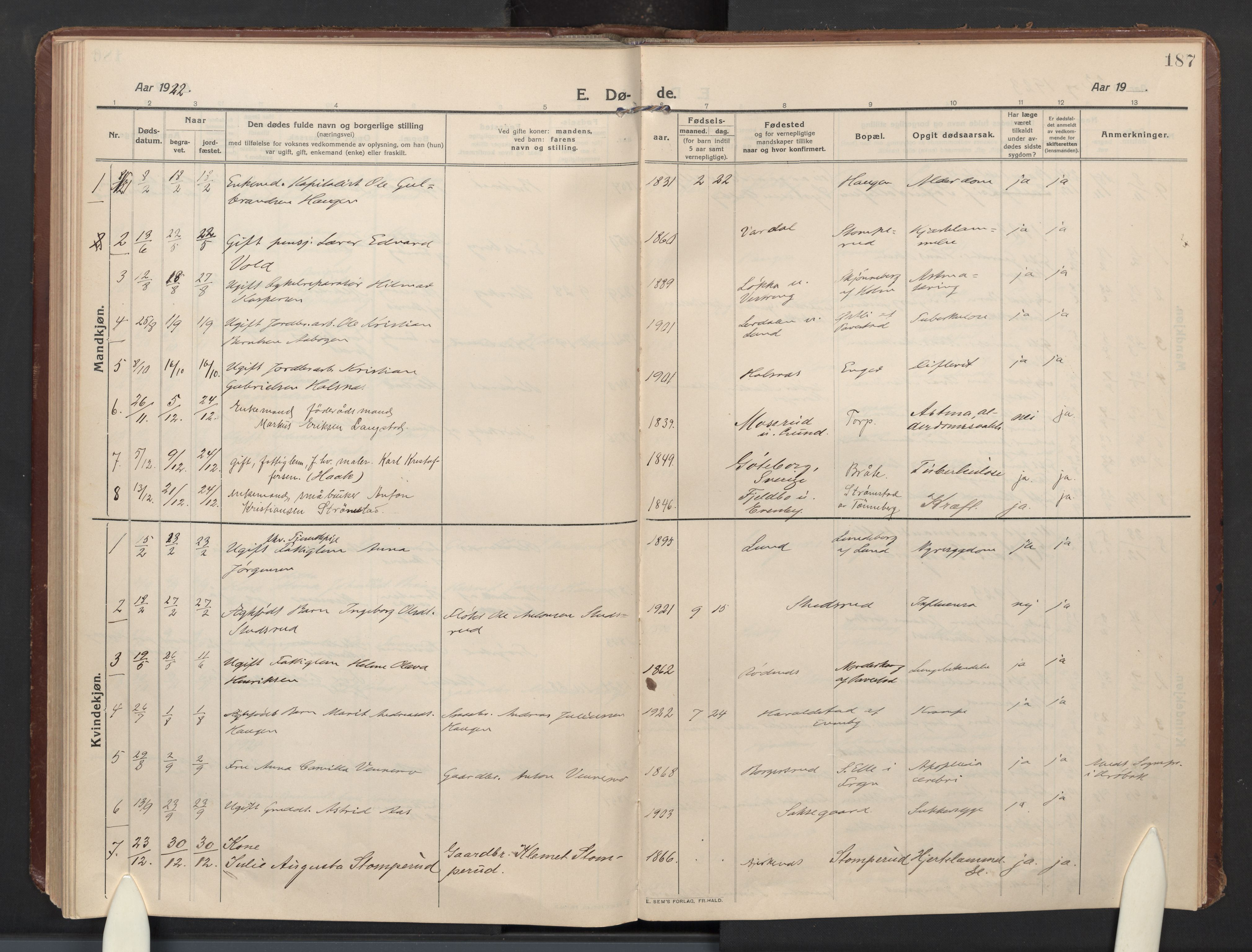 Høland prestekontor Kirkebøker, AV/SAO-A-10346a/F/Fb: Parish register (official) no. II 4, 1913-1924, p. 187