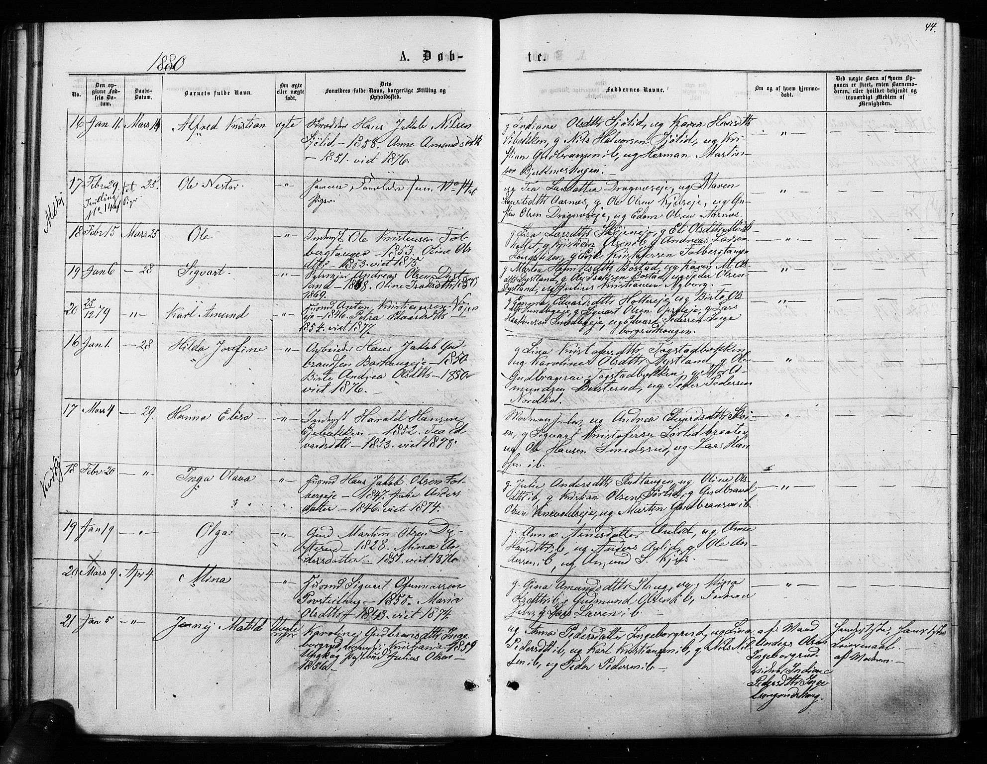 Nes prestekontor Kirkebøker, AV/SAO-A-10410/F/Fa/L0009: Parish register (official) no. I 9, 1875-1882, p. 44
