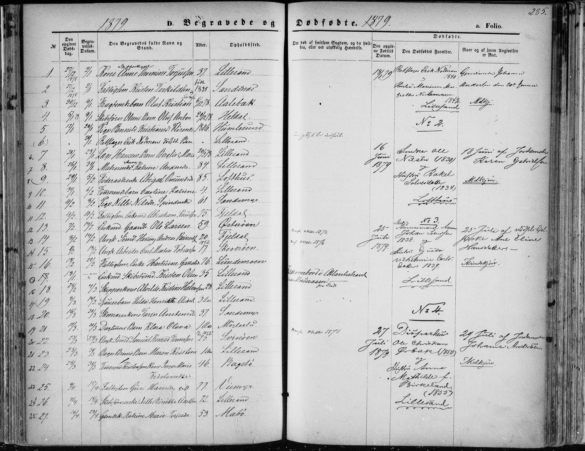 Vestre Moland sokneprestkontor, SAK/1111-0046/F/Fa/Fab/L0008: Parish register (official) no. A 8, 1873-1883, p. 285