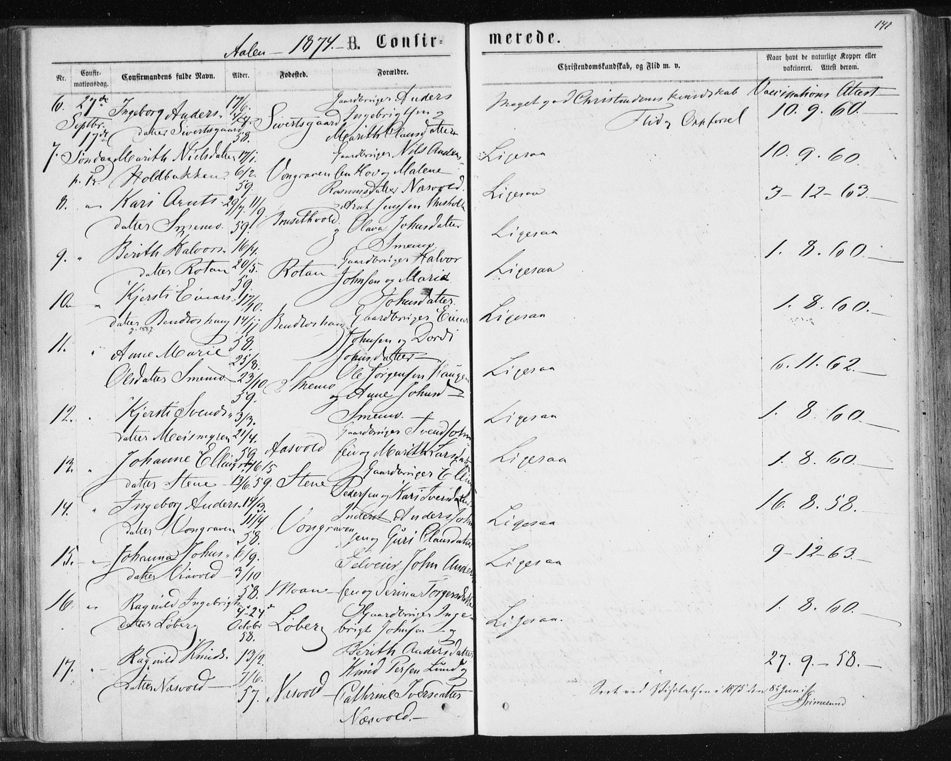 Ministerialprotokoller, klokkerbøker og fødselsregistre - Sør-Trøndelag, SAT/A-1456/685/L0971: Parish register (official) no. 685A08 /3, 1870-1879, p. 141