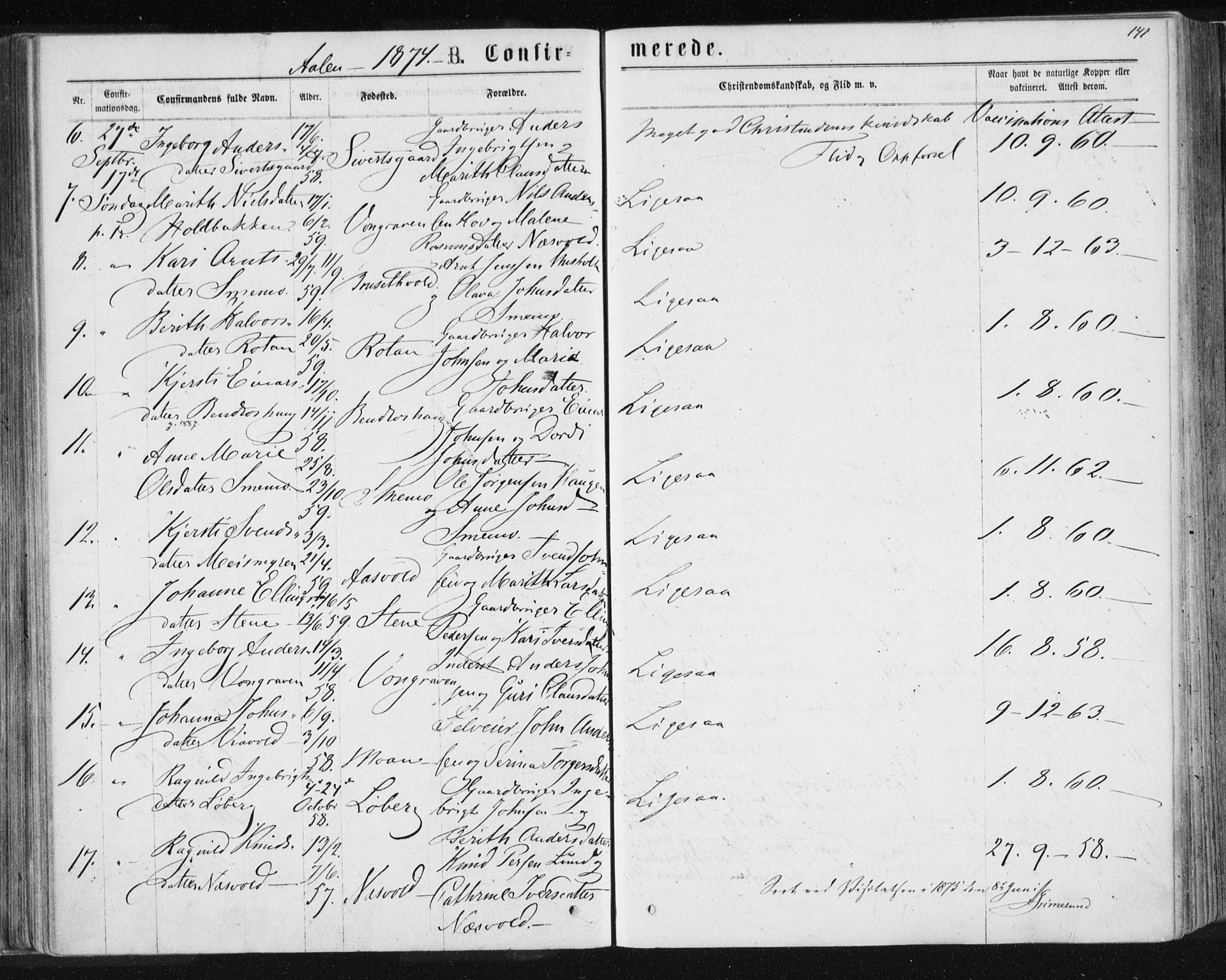 Ministerialprotokoller, klokkerbøker og fødselsregistre - Sør-Trøndelag, AV/SAT-A-1456/685/L0971: Parish register (official) no. 685A08 /3, 1870-1879, p. 141