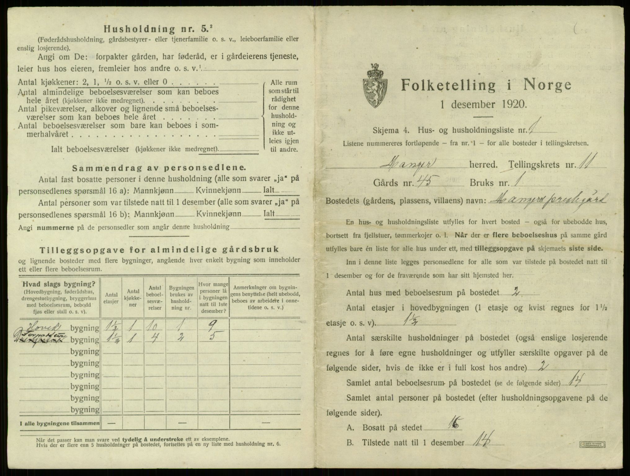 SAB, 1920 census for Manger, 1920, p. 860