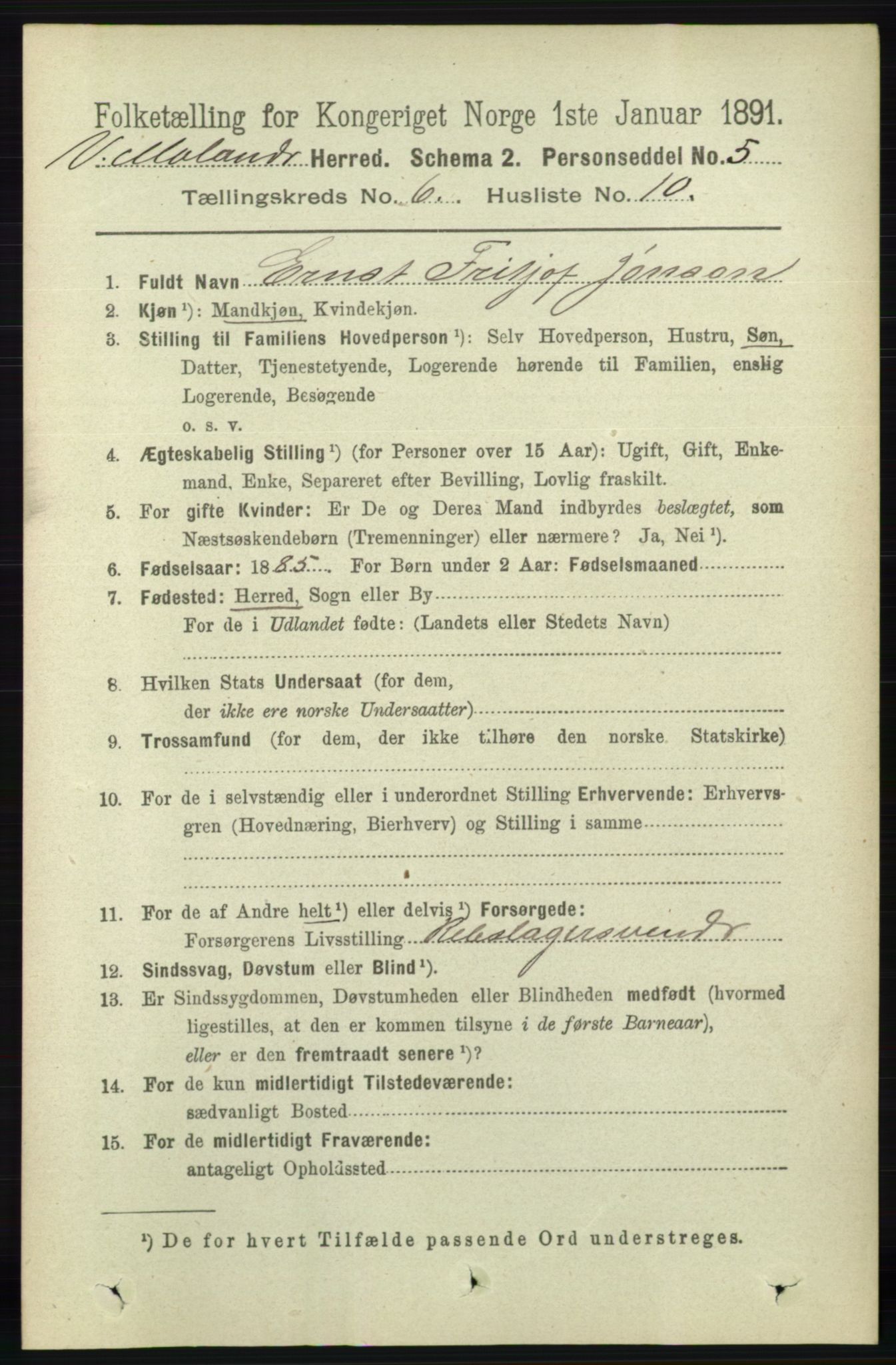 RA, 1891 census for 0926 Vestre Moland, 1891, p. 2394