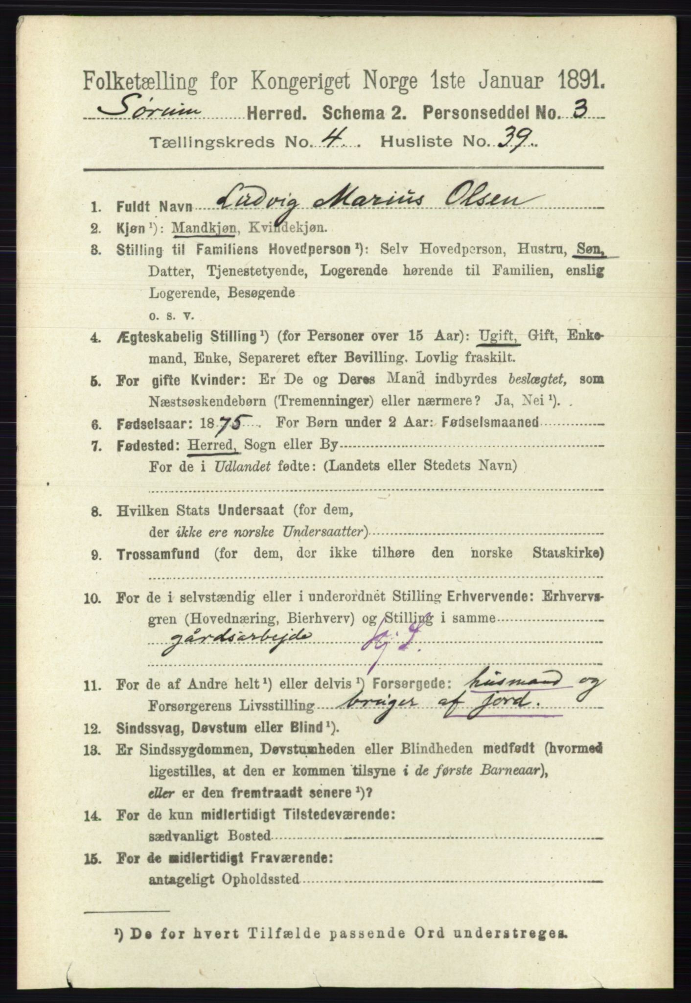 RA, 1891 census for 0226 Sørum, 1891, p. 2105