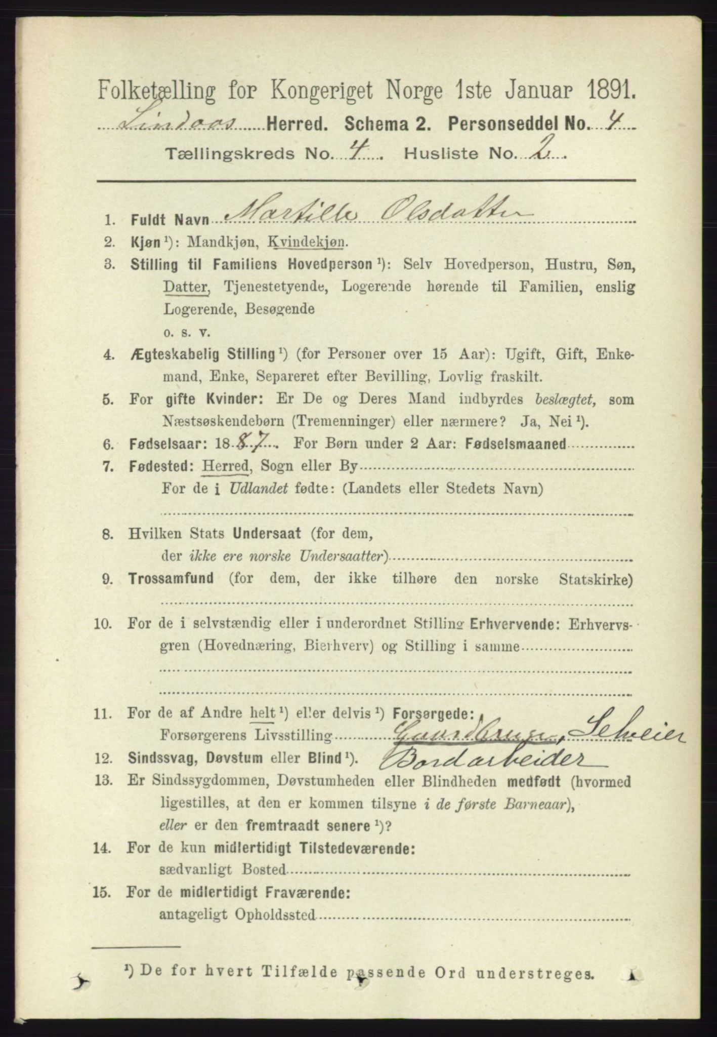 RA, 1891 census for 1263 Lindås, 1891, p. 1134