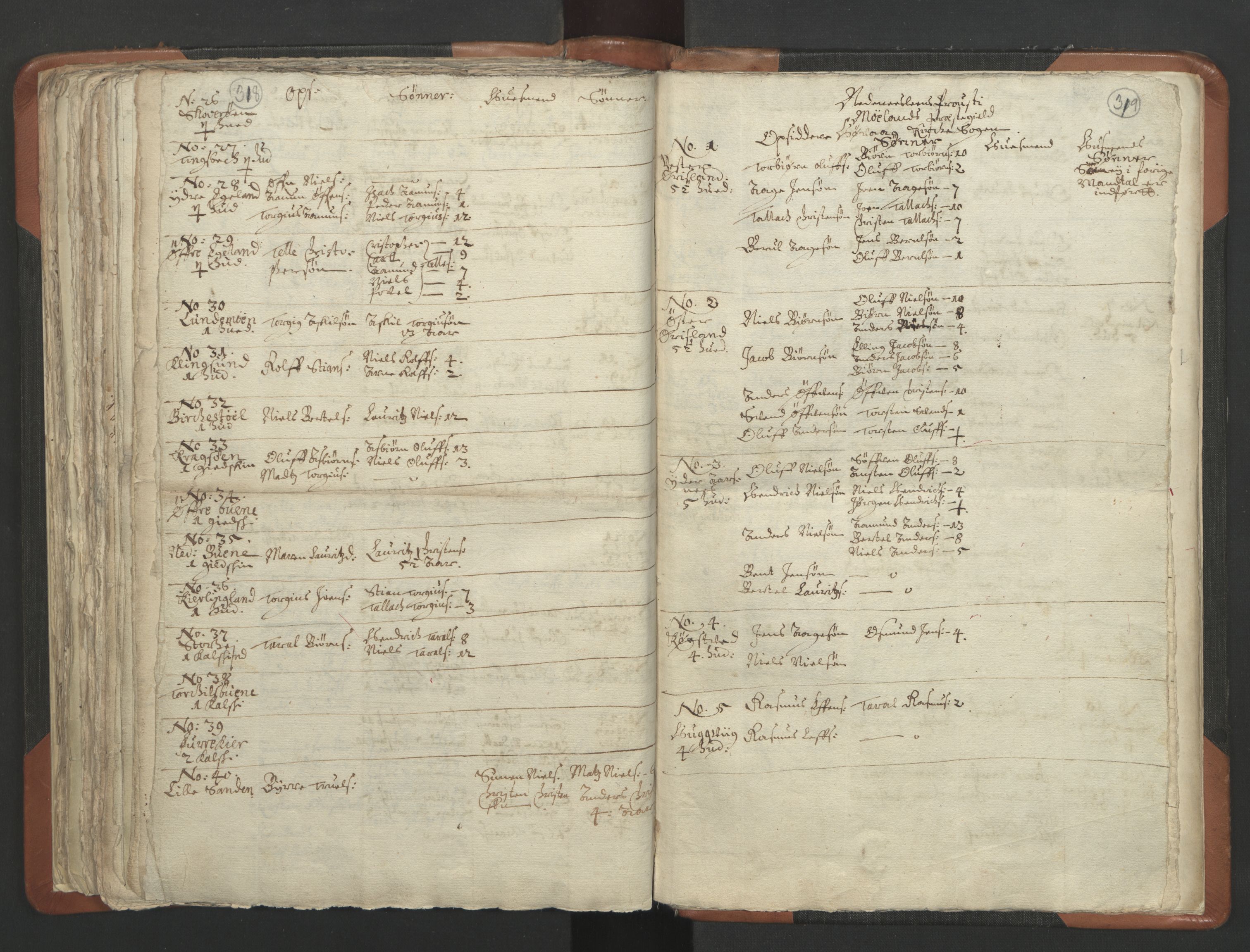 RA, Vicar's Census 1664-1666, no. 13: Nedenes deanery, 1664-1666, p. 318-319