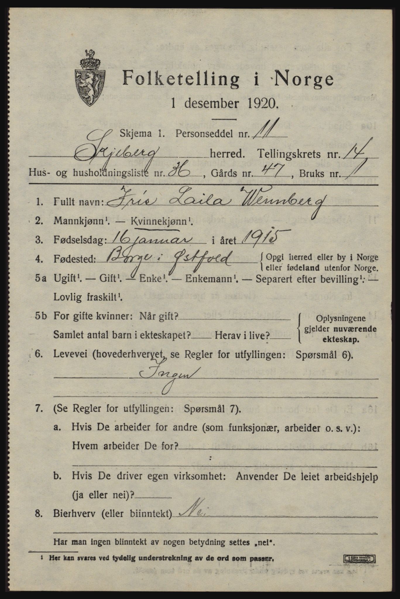 SAO, 1920 census for Skjeberg, 1920, p. 13667