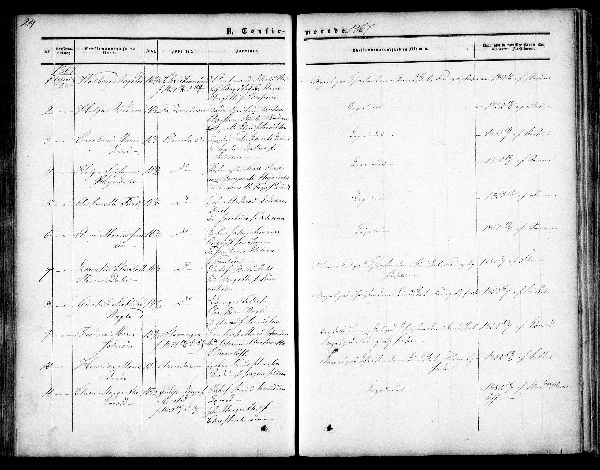 Arendal sokneprestkontor, Trefoldighet, SAK/1111-0040/F/Fa/L0006: Parish register (official) no. A 6, 1855-1868, p. 219