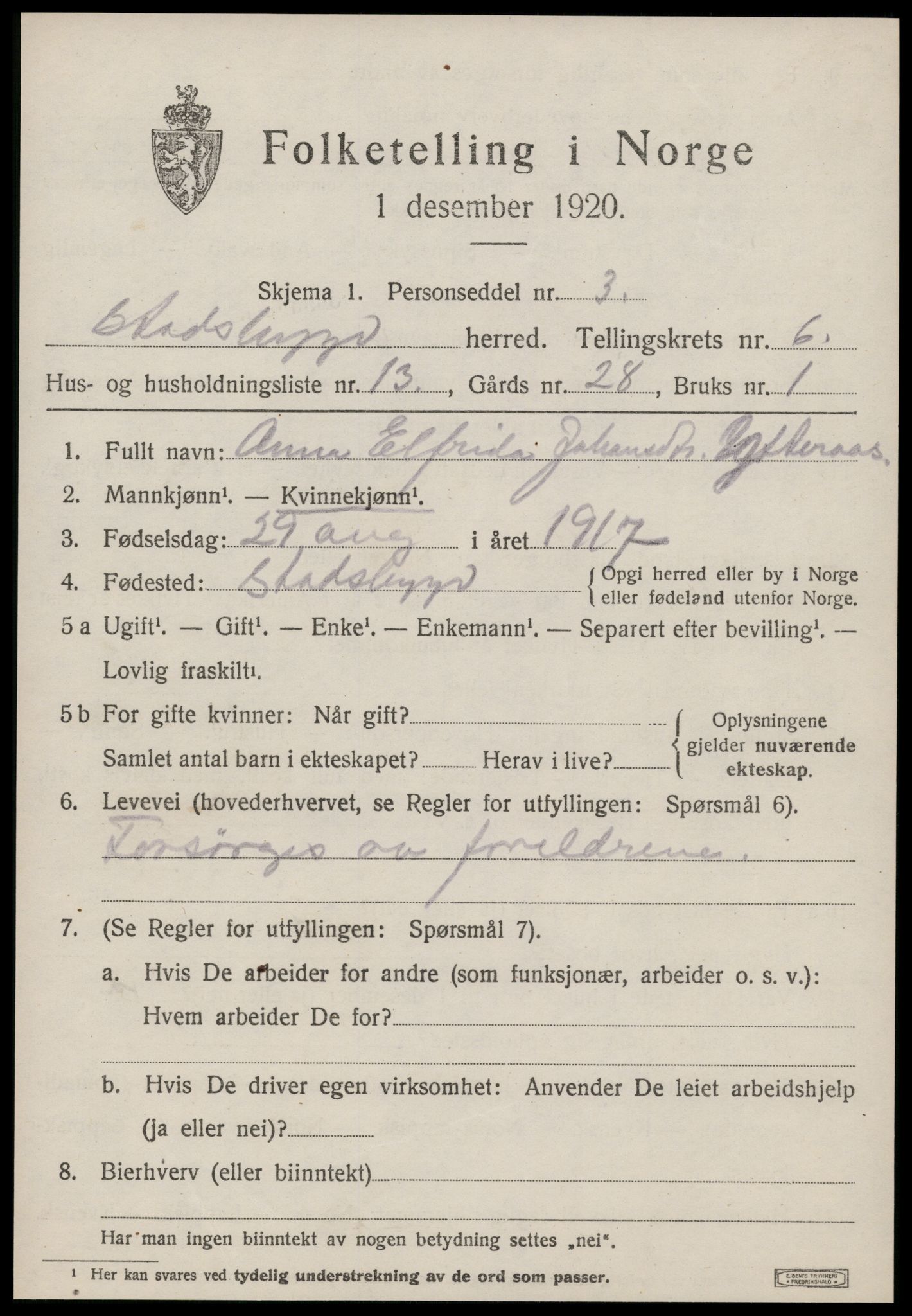 SAT, 1920 census for Stadsbygd, 1920, p. 3236