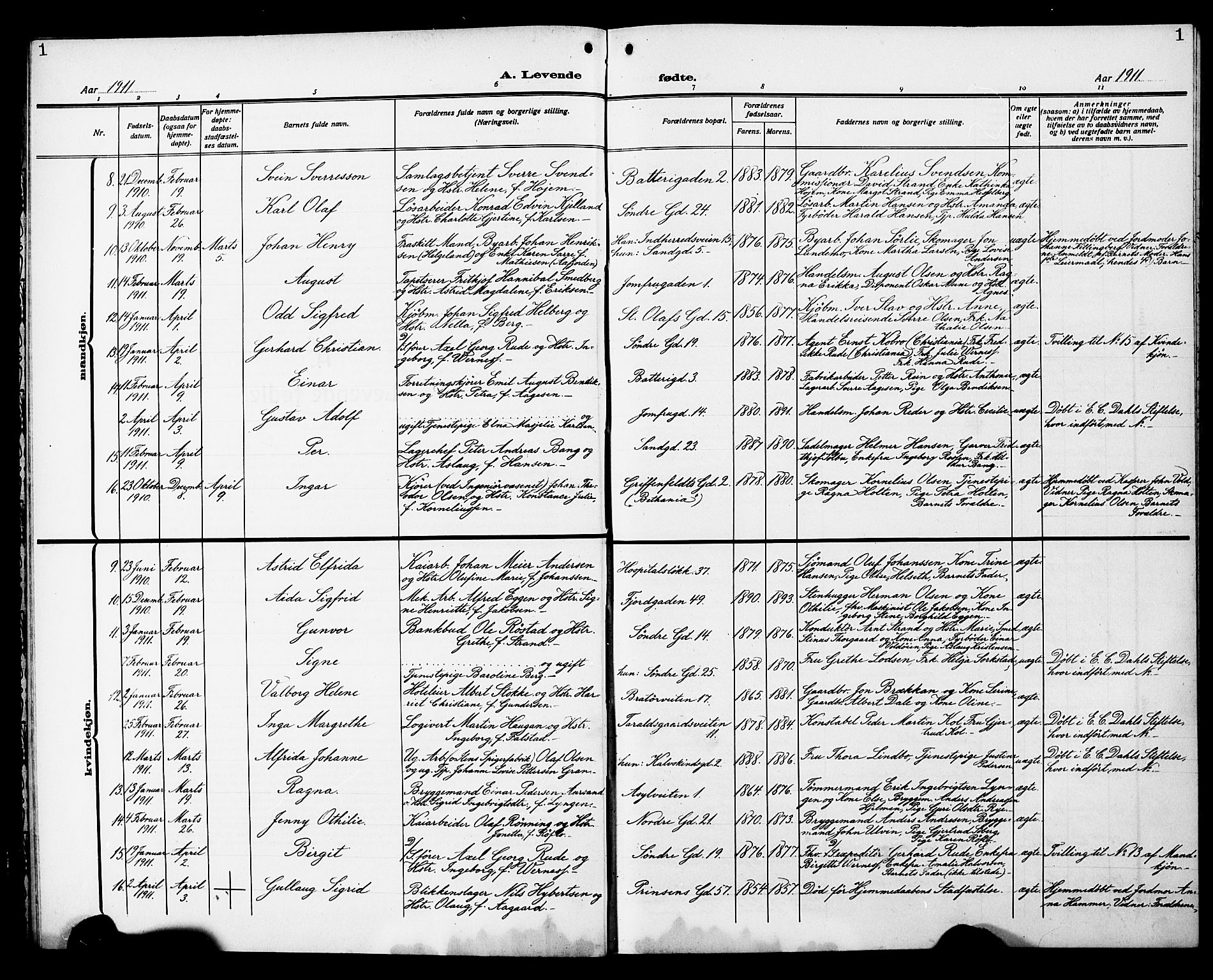 Ministerialprotokoller, klokkerbøker og fødselsregistre - Sør-Trøndelag, AV/SAT-A-1456/602/L0147: Parish register (copy) no. 602C15, 1911-1924, p. 1